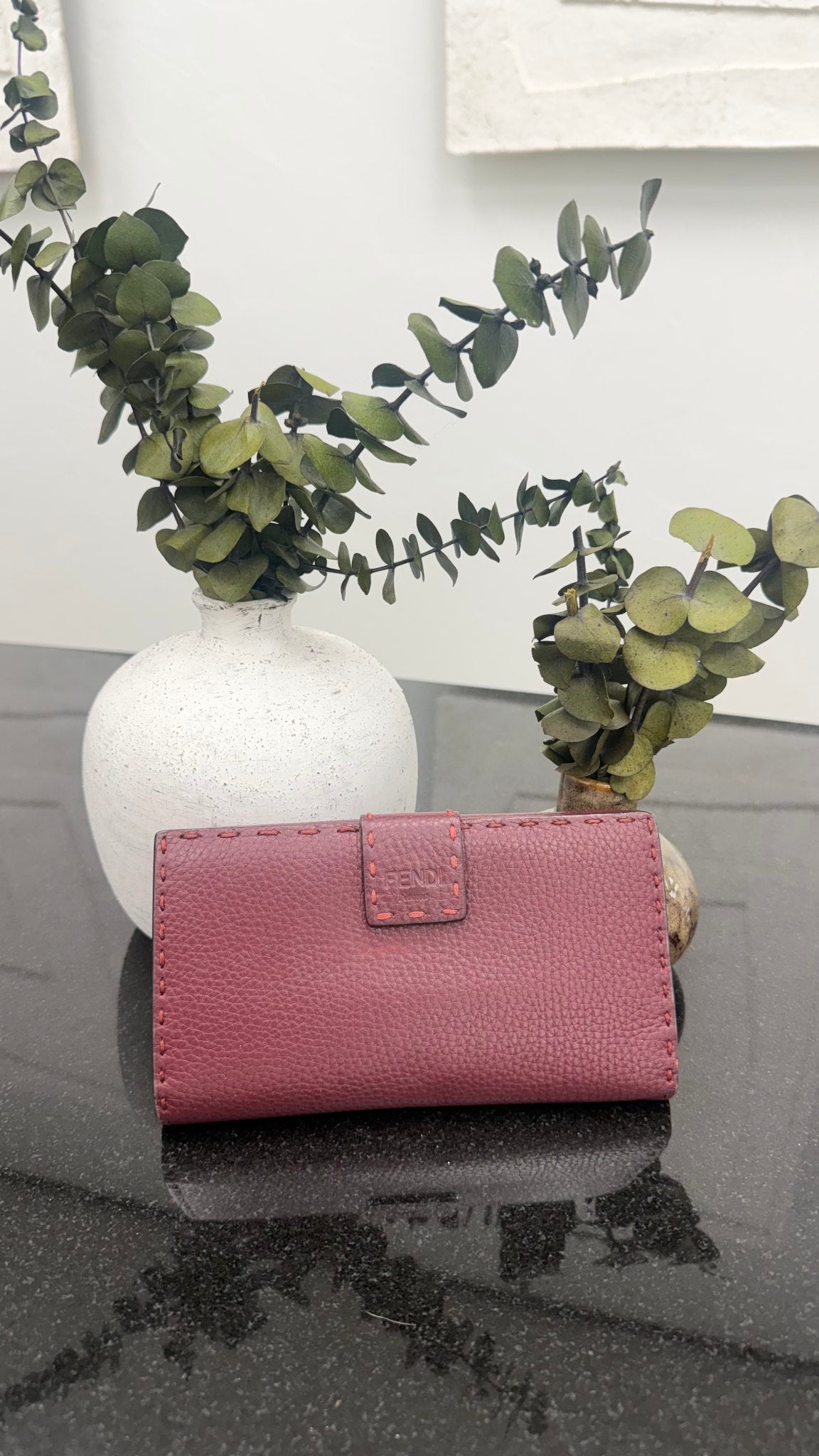 Fendi Plum Pebbled Leather Selleria Peekaboo Wallet