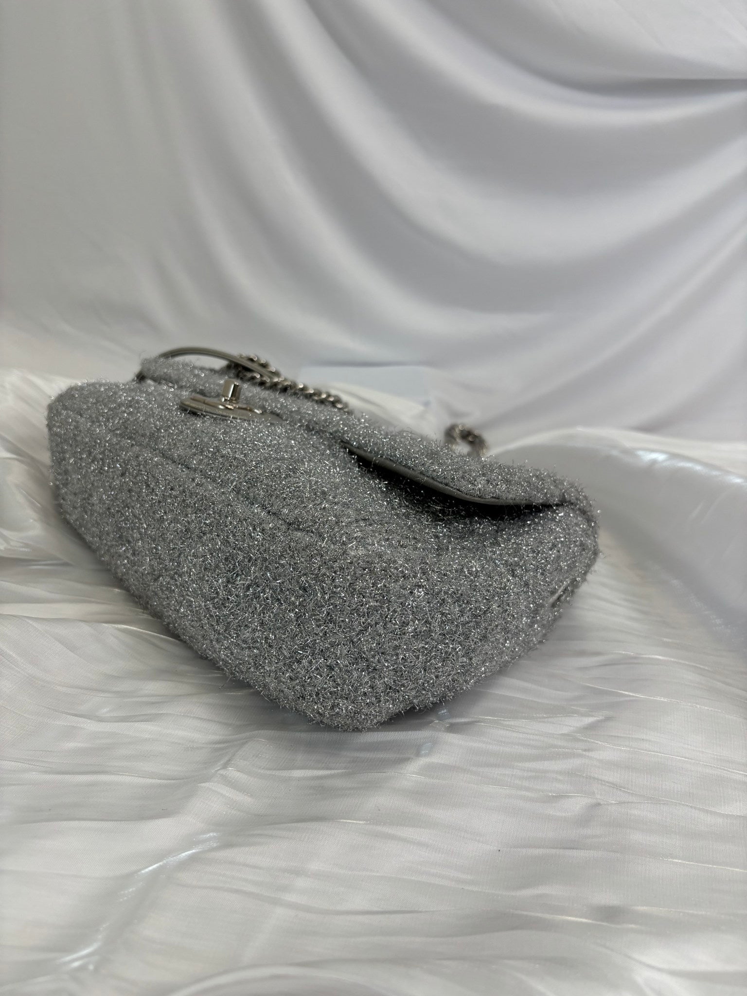 Chanel Silver Knit Pluto Glitter Classic Flap Medium