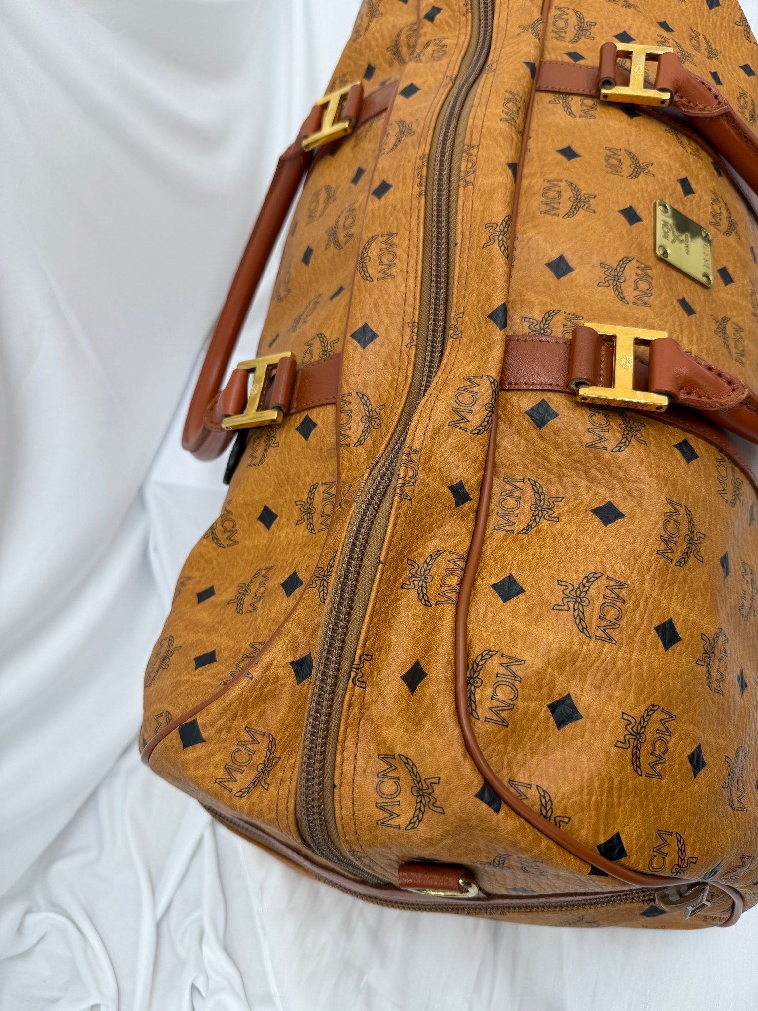 MCM Cognac Visetos Coated Canvas Duffle Bag
