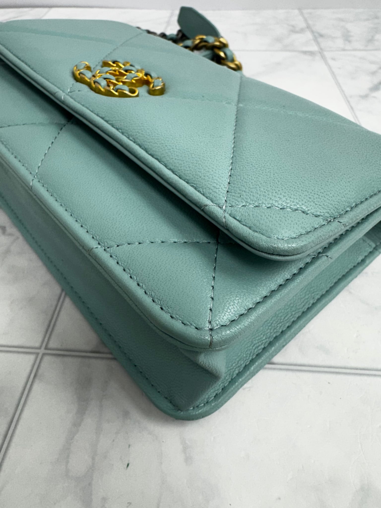Chanel 19 Teal Quilted Lambskin Leather Wallet On A Chain
