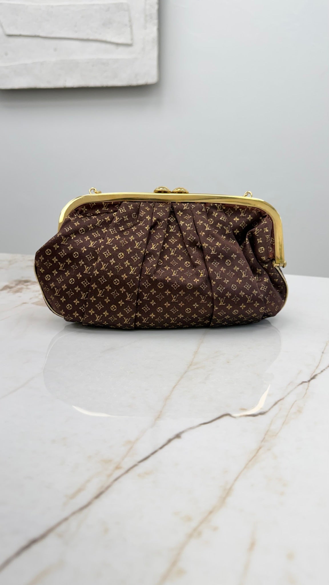 Louis Vuitton Limited Edition Brown & Gold Monogram Satin Aumoniere Kisslock Bag