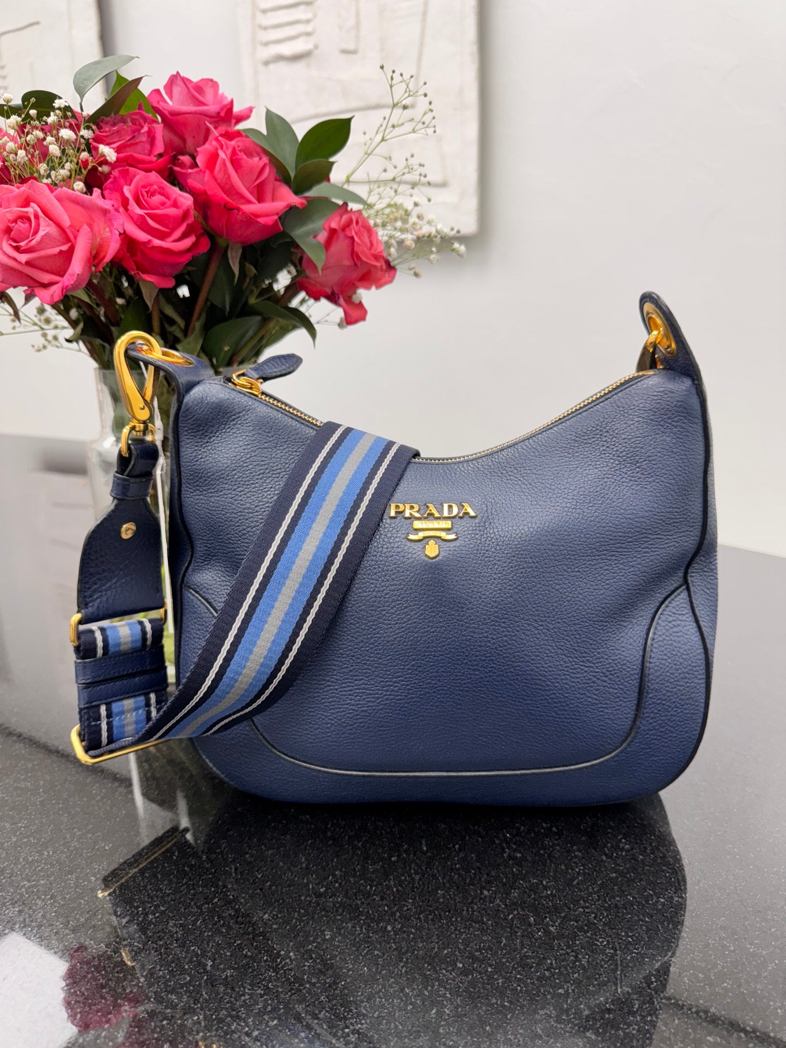 LIKE NEW - Prada Blue Grained Leather Crossbody Bag
