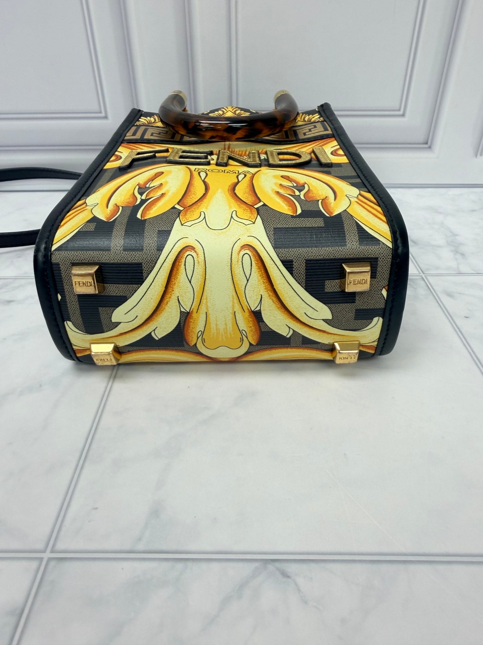 Fendi Yellow And Black Leather Fendace Mini Sunshine Shopper Crossbody Bag