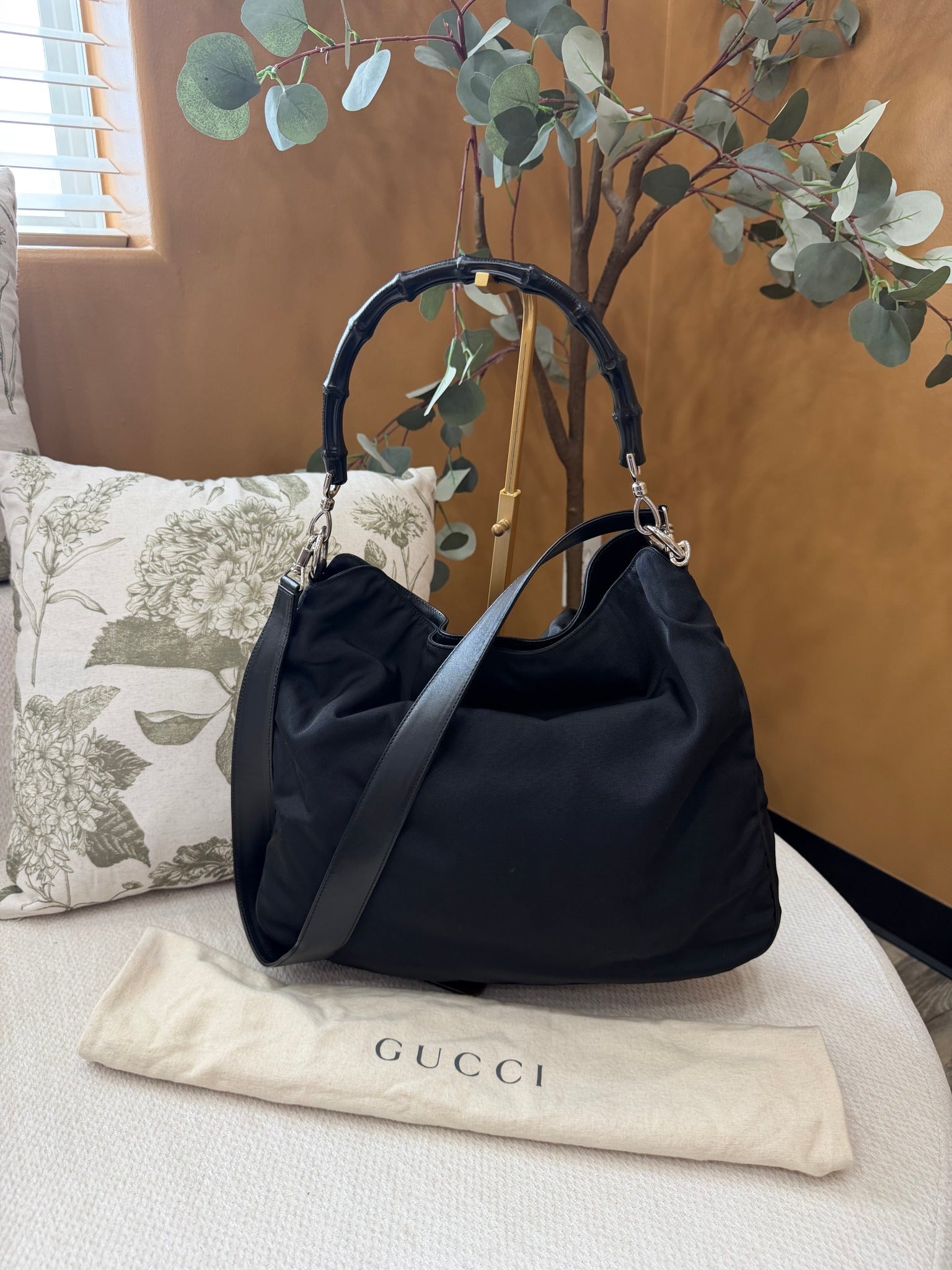 Gucci Black Nylon Bamboo Shoulder Bag