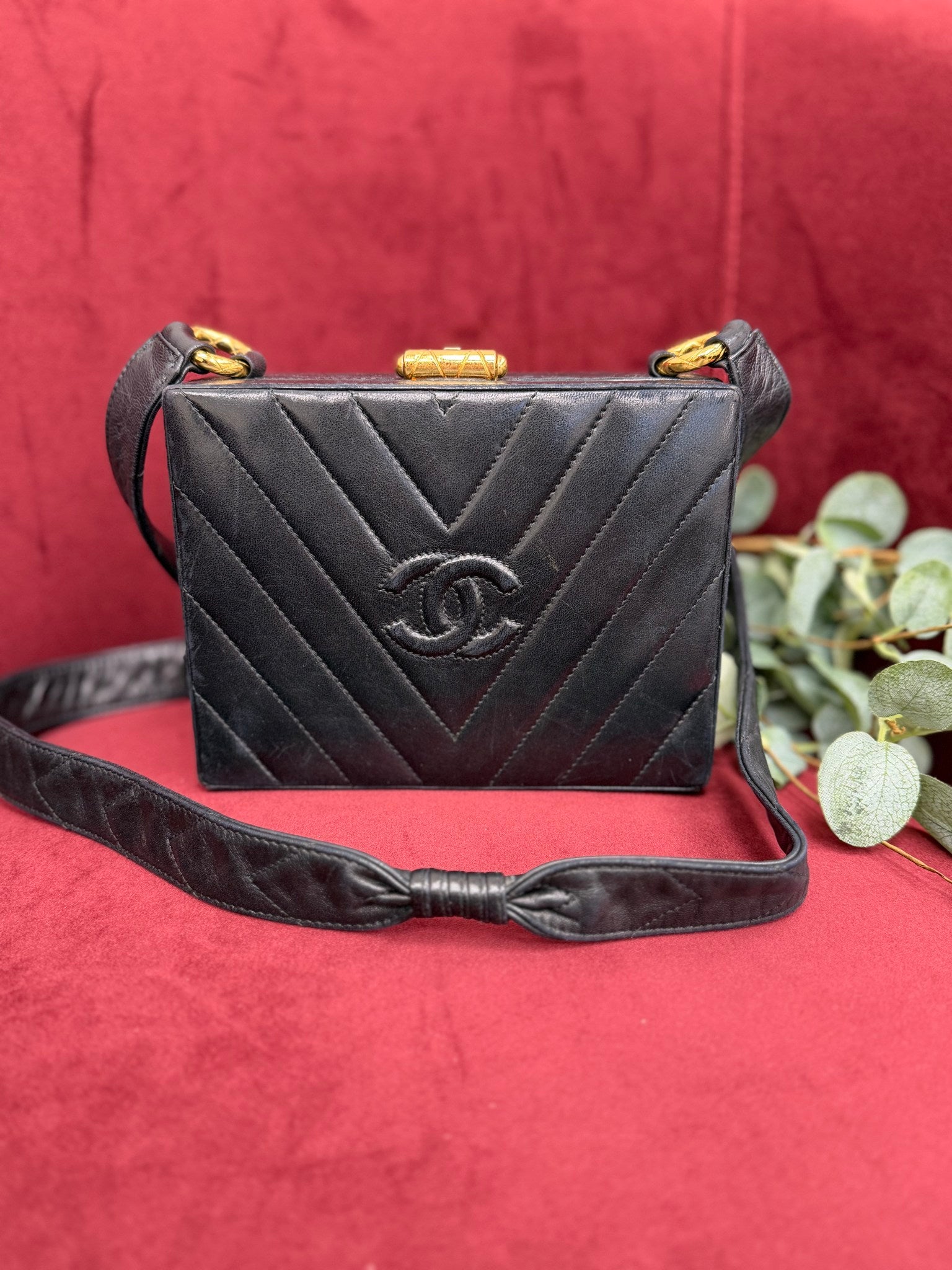 Chanel Vintage Black Chevron Calfskin Box Bag