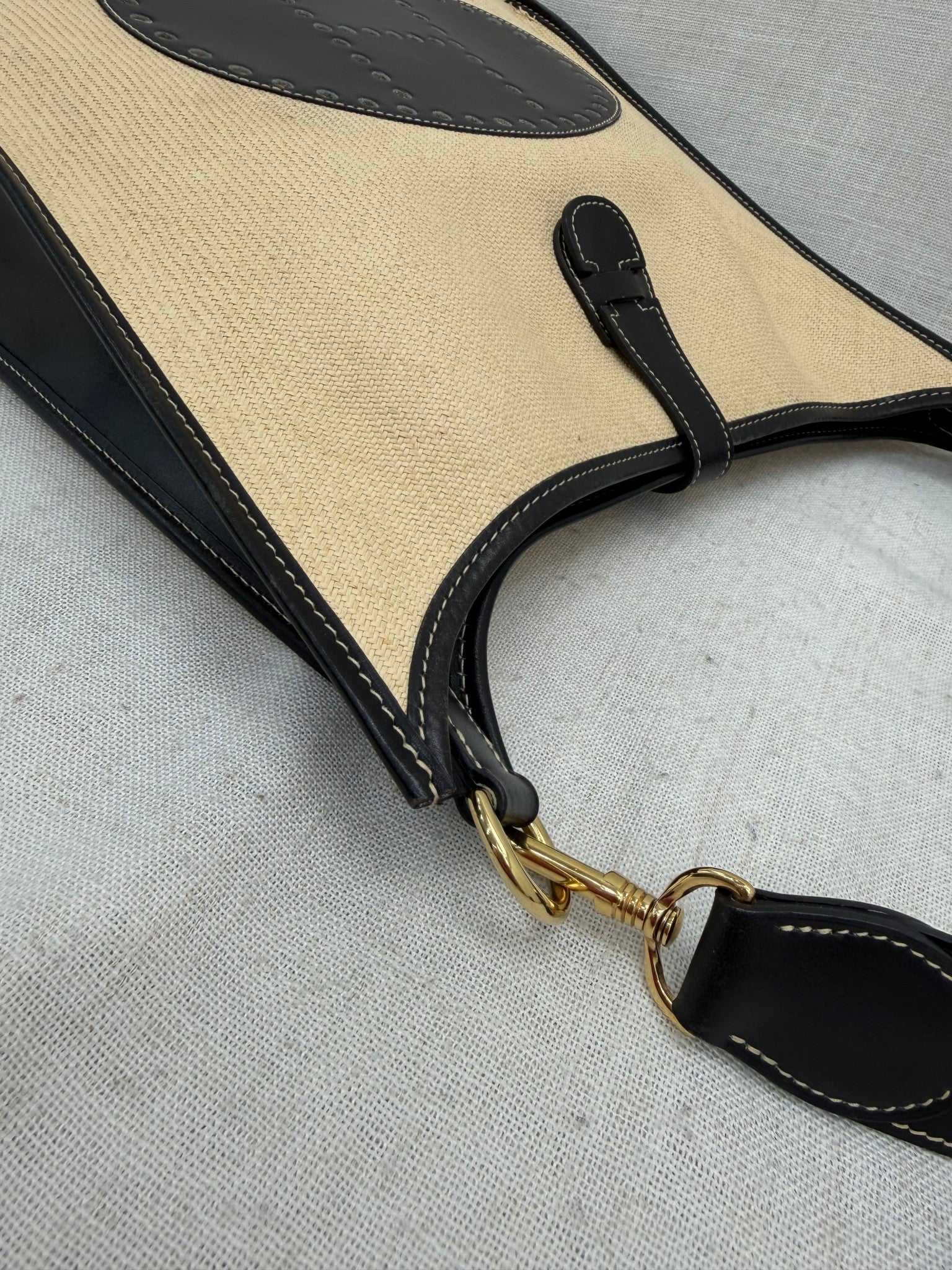 Hermes Raffia & Black Leather Evelyne GM 33 Crossbody