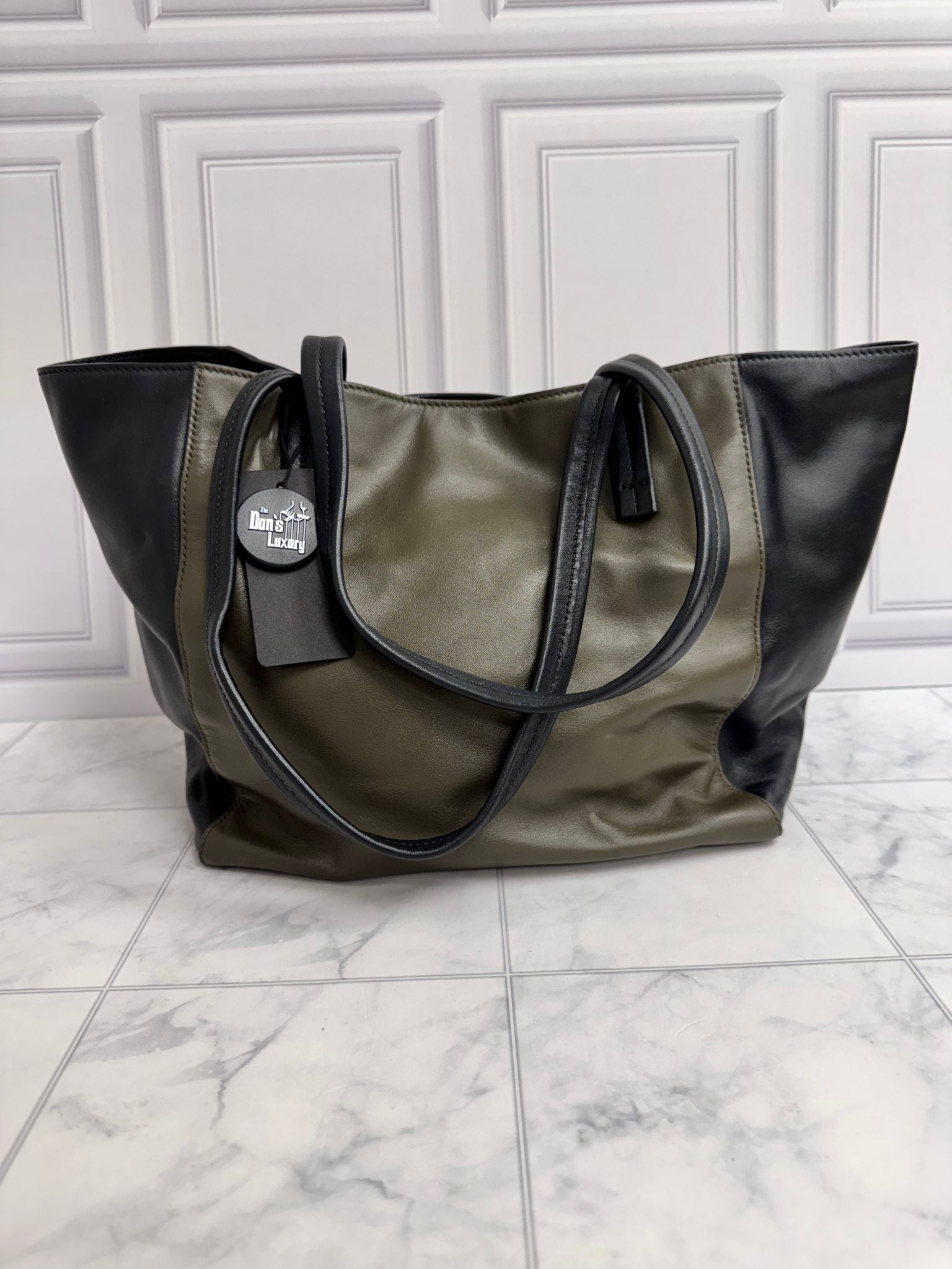 Prada Green And Black Leather Tote Bag