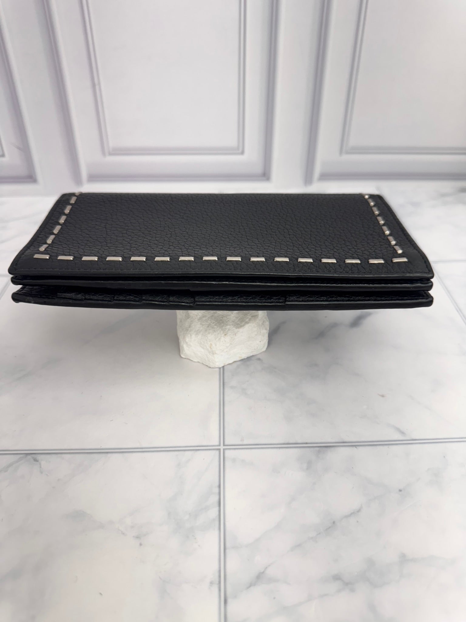 Fendi Black Grained Leather Studded Long Wallet