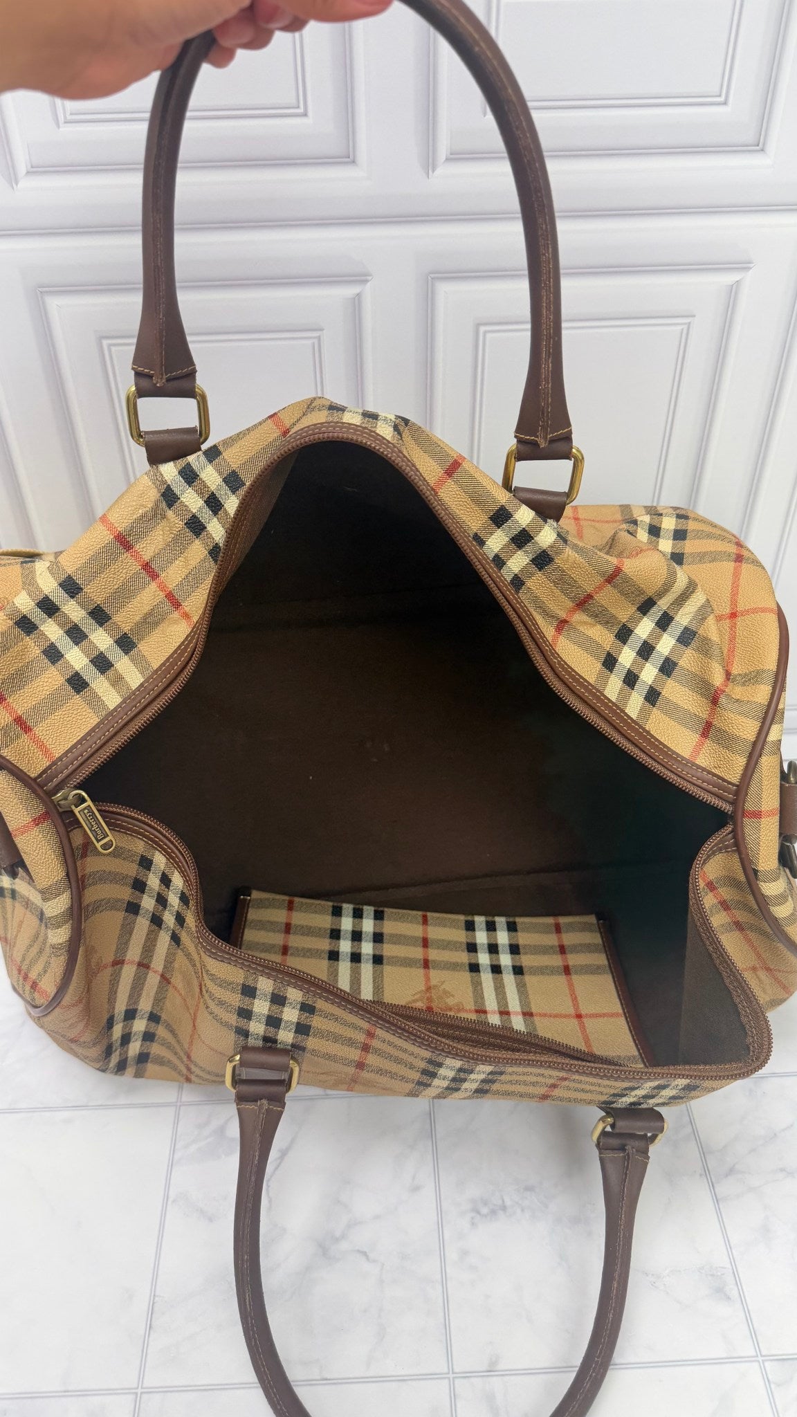 Burberry Beige Haymarket Check Pattern Boston Travel Bag
