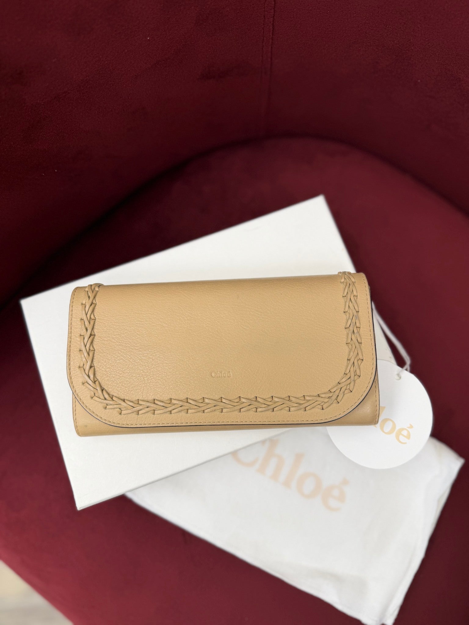 Chloe Beige Grained Leather Woven Hudson Long Wallet