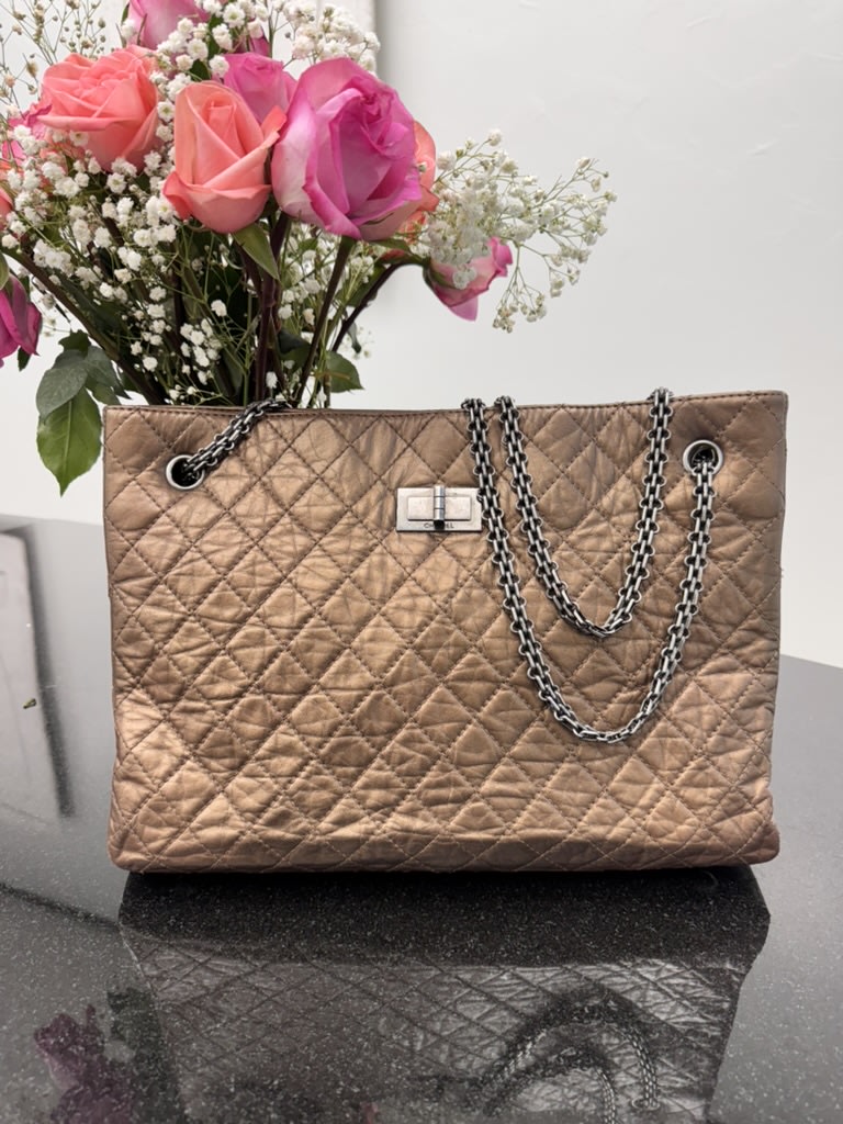 Chanel Metallic Bronze Quilted Aged Calfskin Leather Reissue 2.55 Medium Shopping Tote