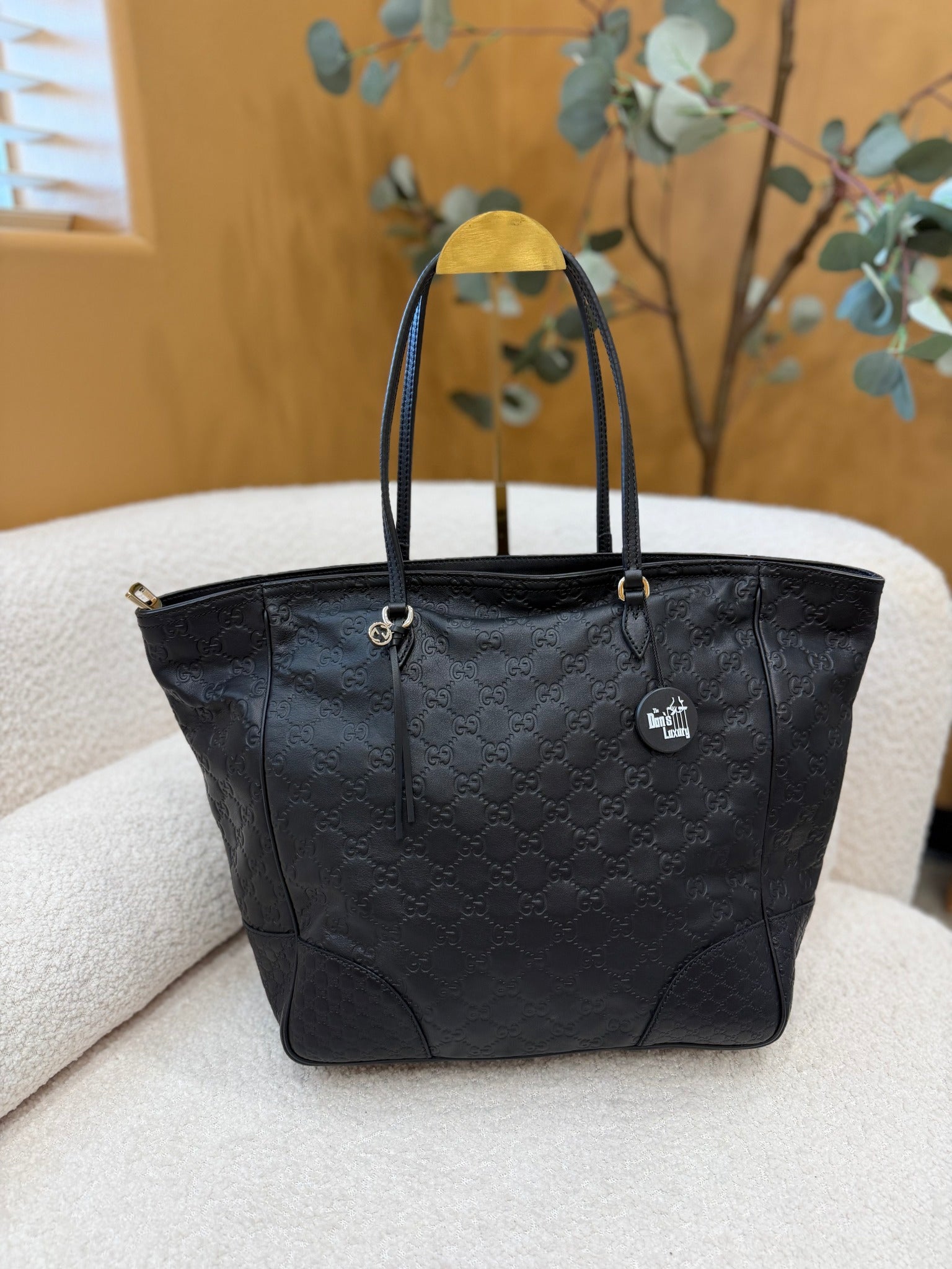 Gucci Black Leather GG Embossed Bree Tote Bag