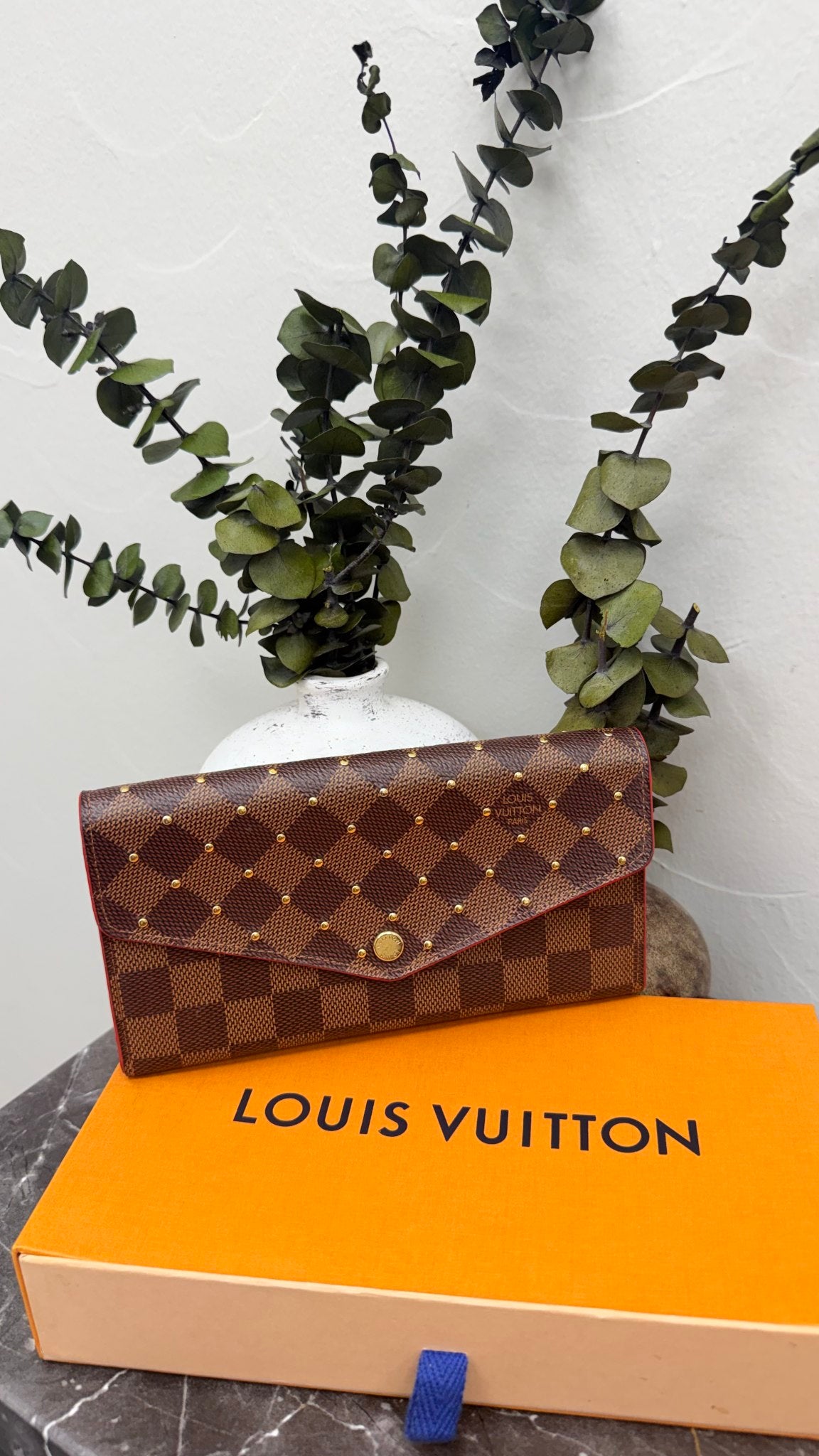 Louis Vuitton Red Damier Ebene Studded Sarah Wallet