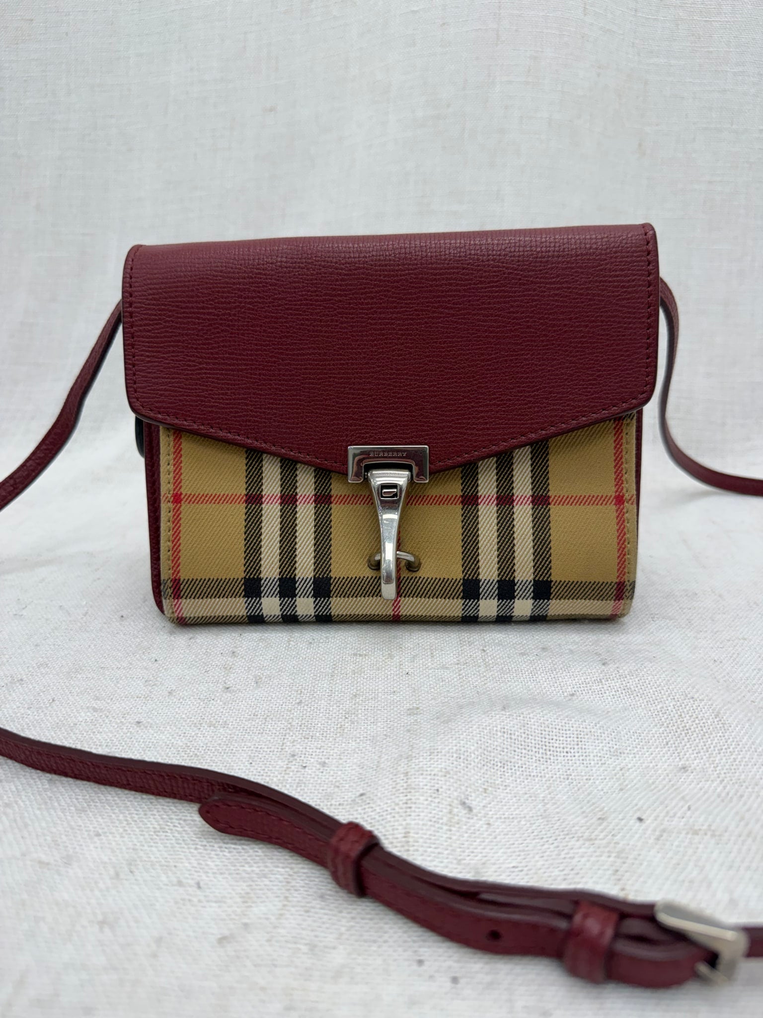 Burberry Tan Vintage Check & Wine Leather Macken Crossbody Bag
