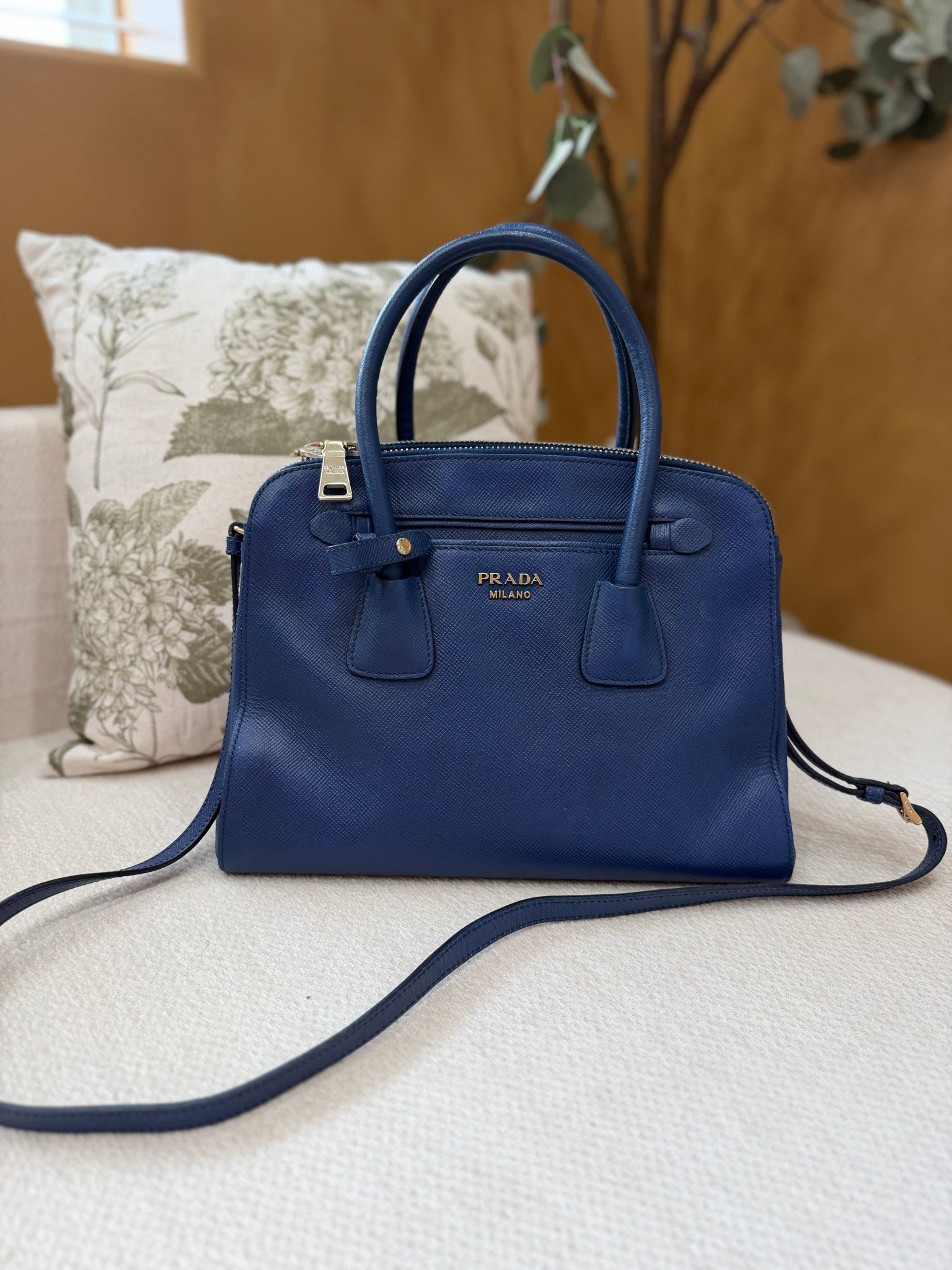 Prada Blue Saffiano Leather Daino Satchel 2Way Bag