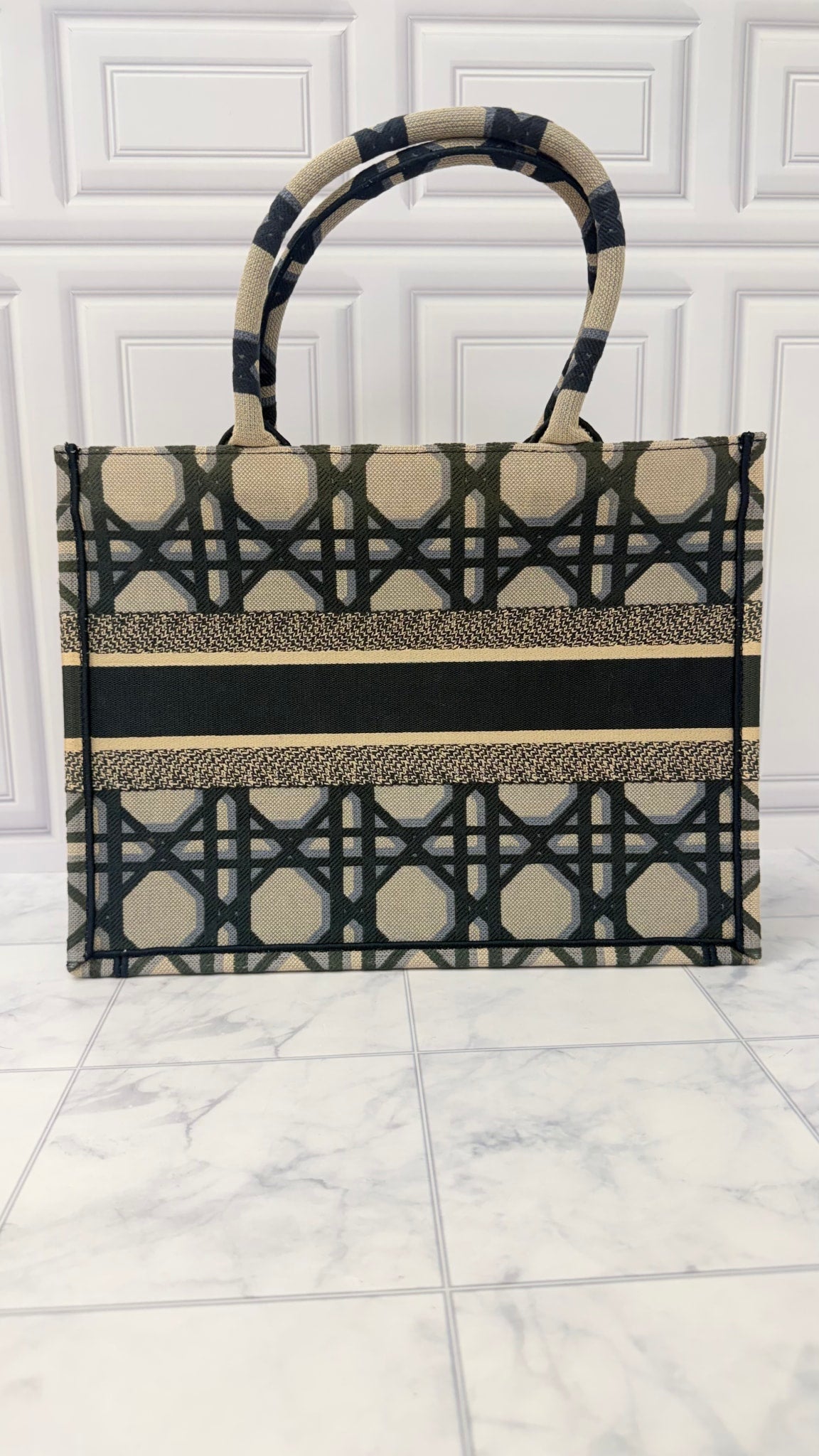 LIKE NEW - Christian Dior Beige And Blue Macrocannage Canvas Medium Book Tote Bag