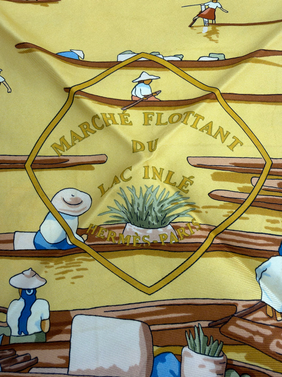 Hermes Yellow Silk Marche Flottant Du Lac Inle Scarf