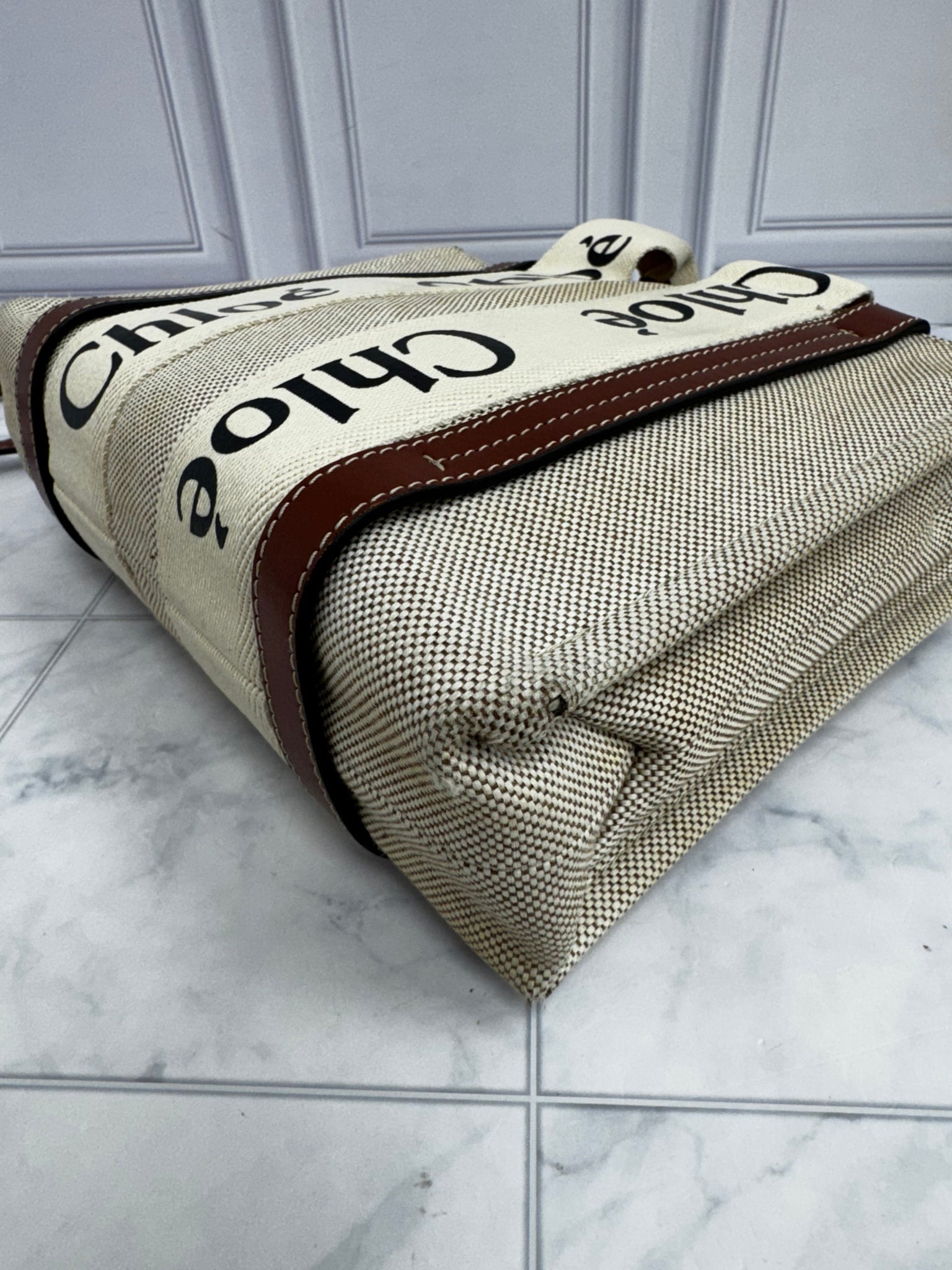Chloe Beige Canvas Woody Small Tote Bag
