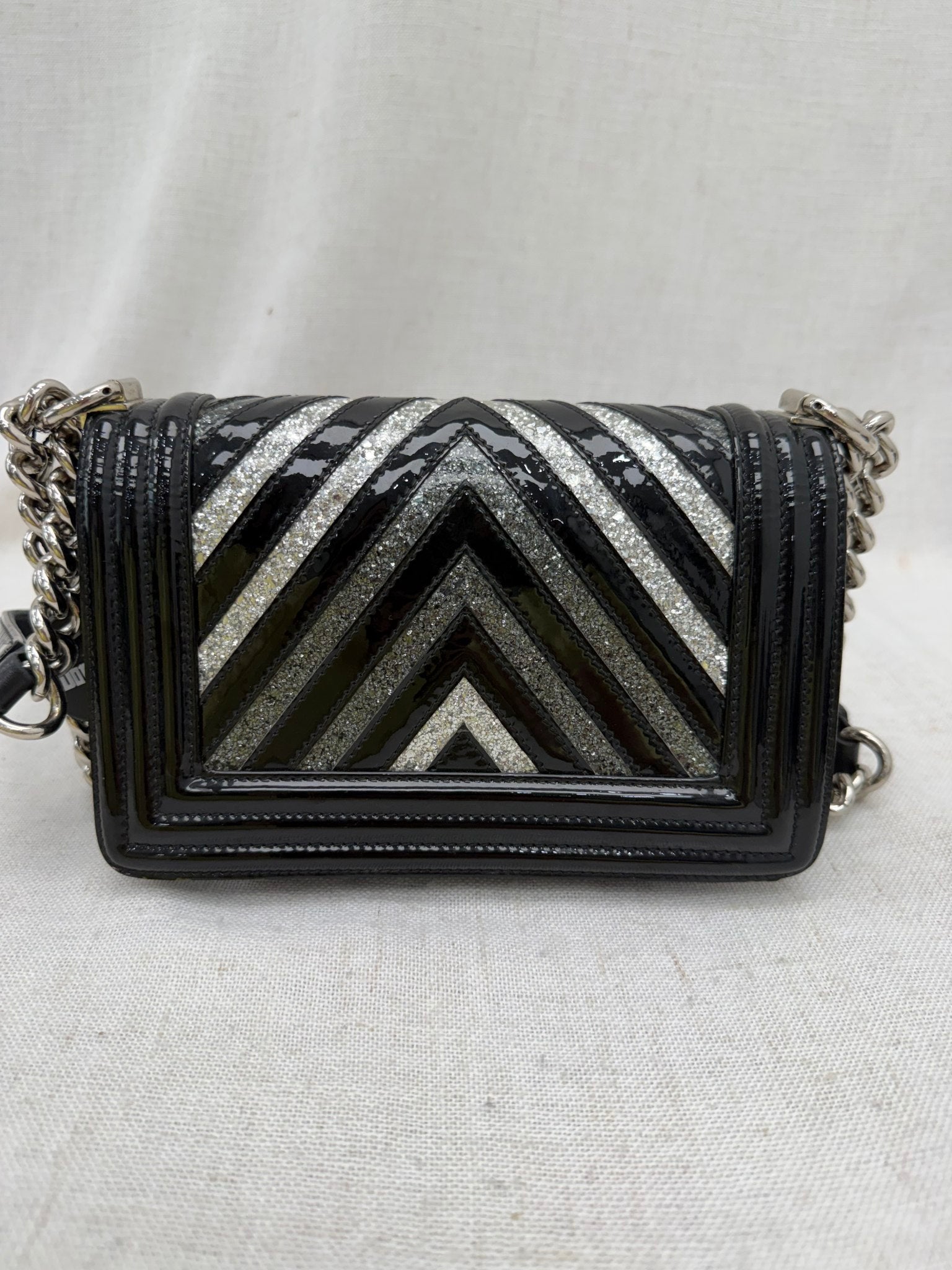 Chanel Black Patent Leather & Silver Glitter PVC Chevron Small Boy Bag