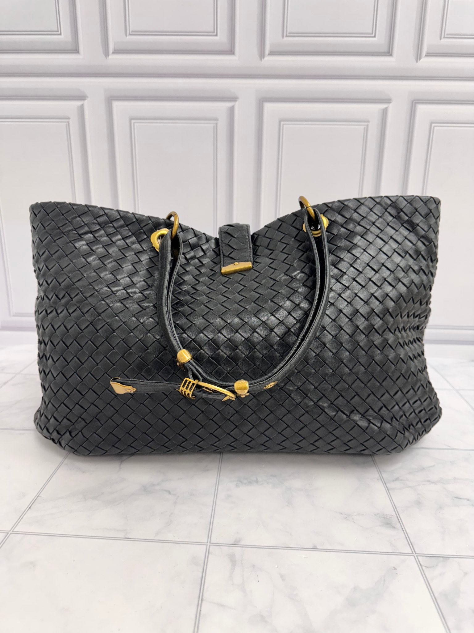 Bottega Veneta Black Intrecciato Leather Capri Tote Bag