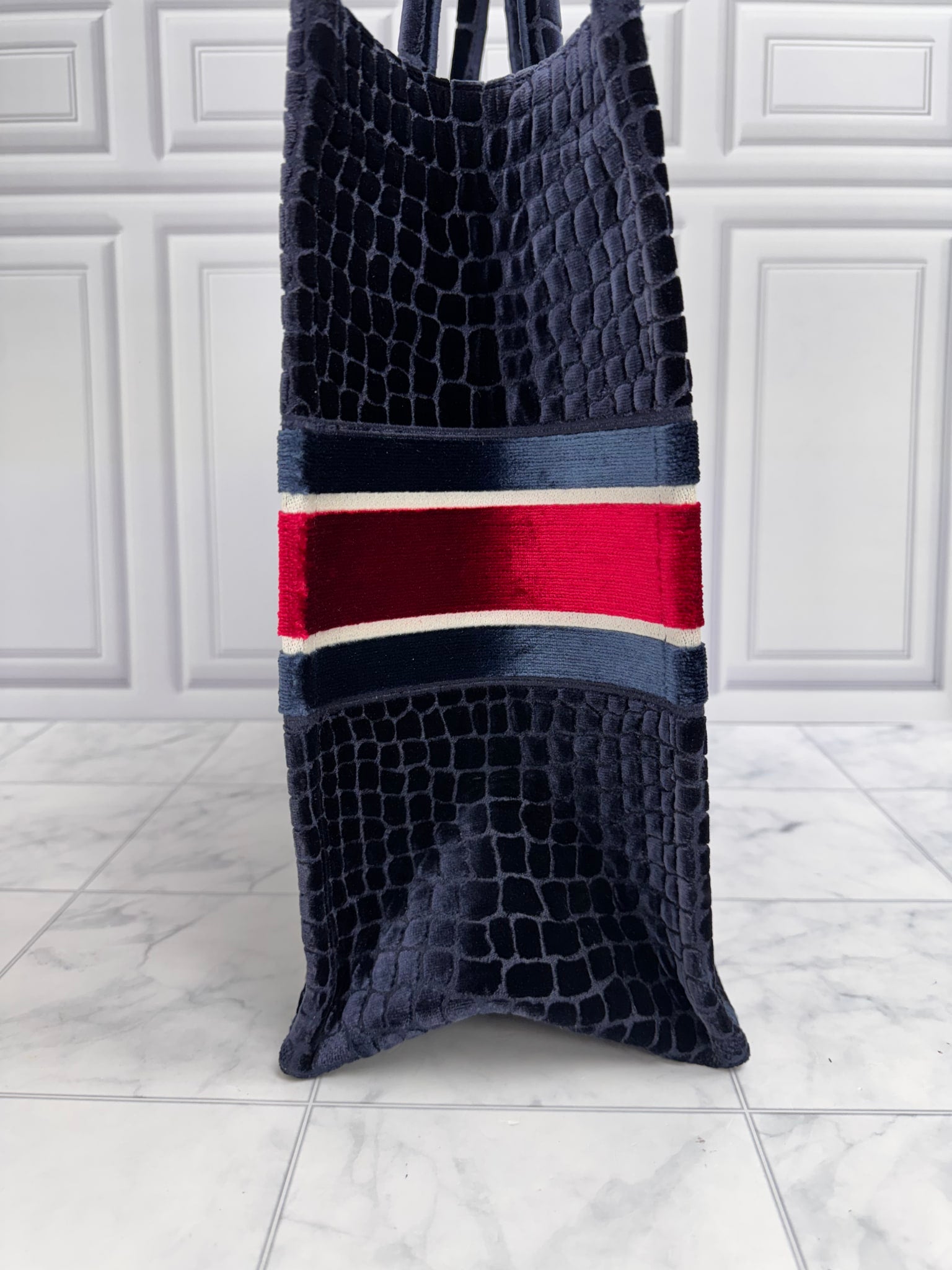 Christian Dior Navy Blue Croc Embossed Velvet Large Book Tote Bag