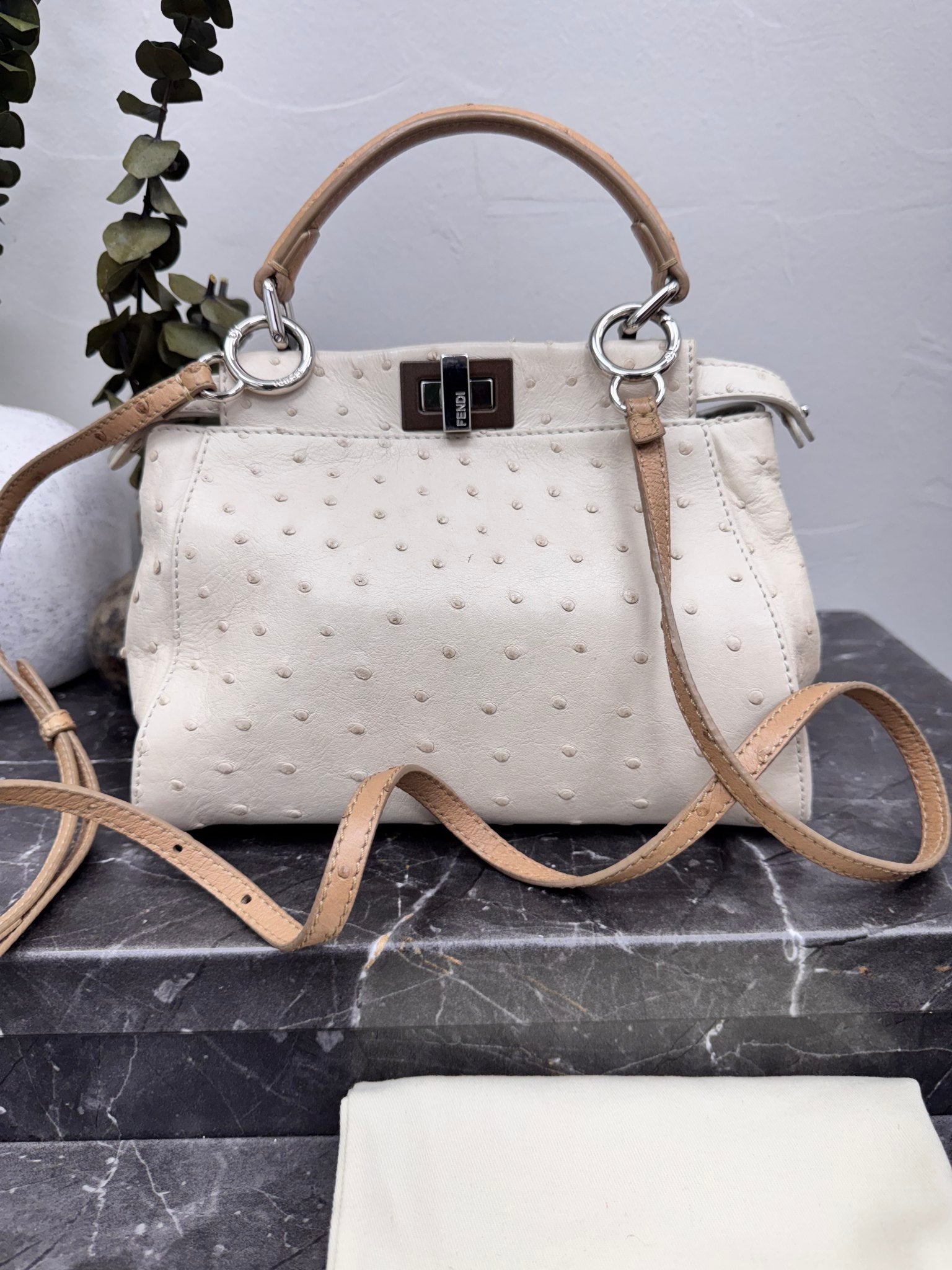 Fendi Beige Ostrich Peekaboo Iconic Mini 2 Way Bag