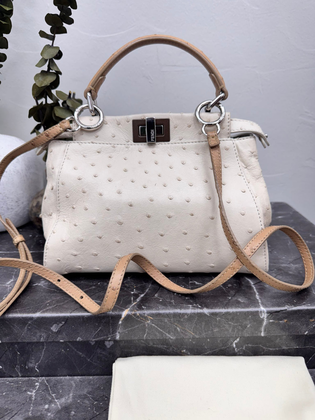 Fendi Beige Ostrich Peekaboo Iconic Mini 2Way Bag