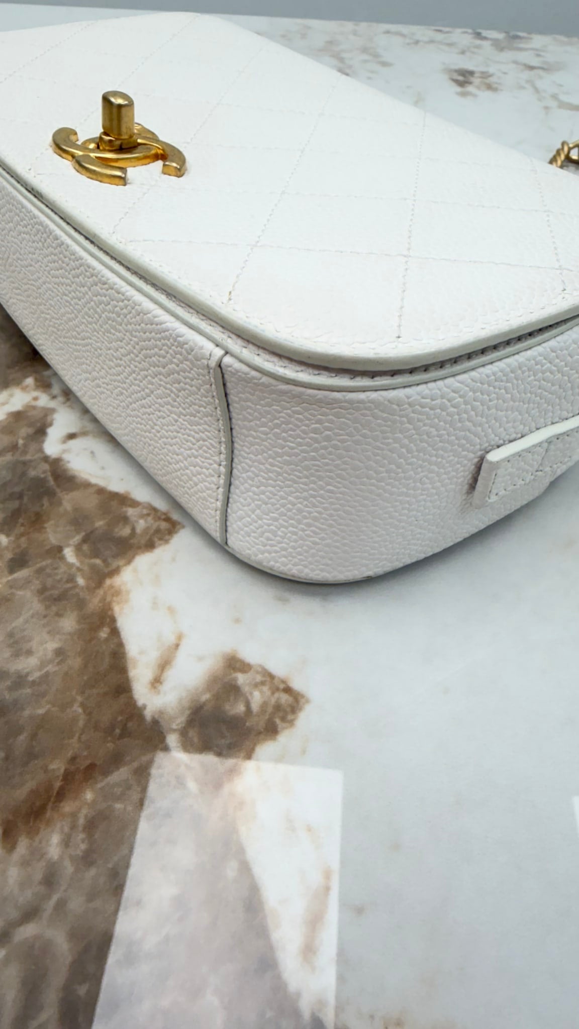 Chanel White Quilted Caviar Leather Small Camera Flap Bag