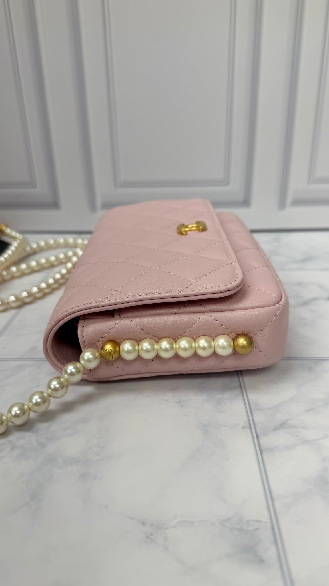 Chanel Pink Lambskin Quilted Leather Pearl Wallet On A Chain