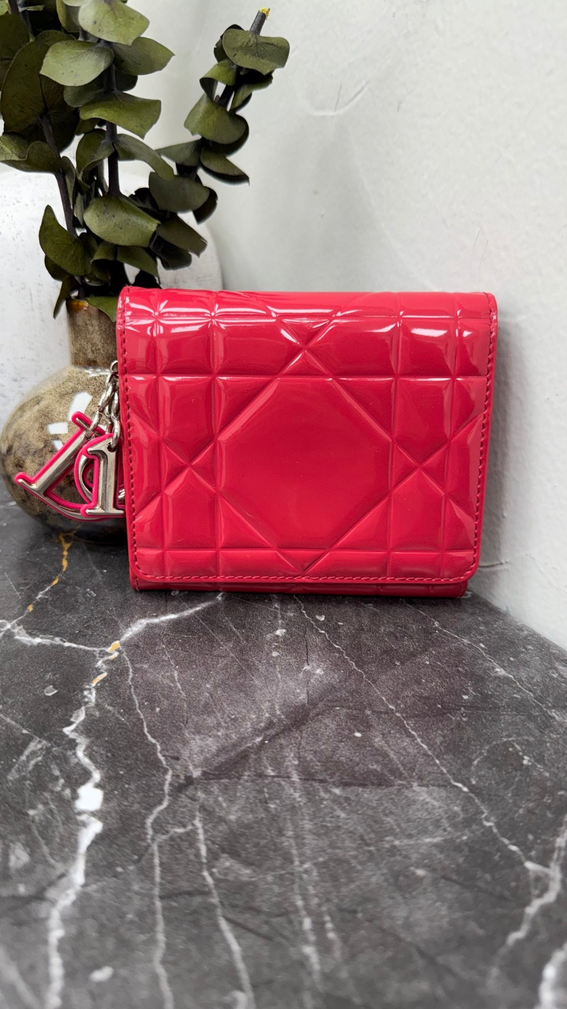 Christian Dior Raspberry Pink Cannage Patent Leather Lady Dior Compact Wallet