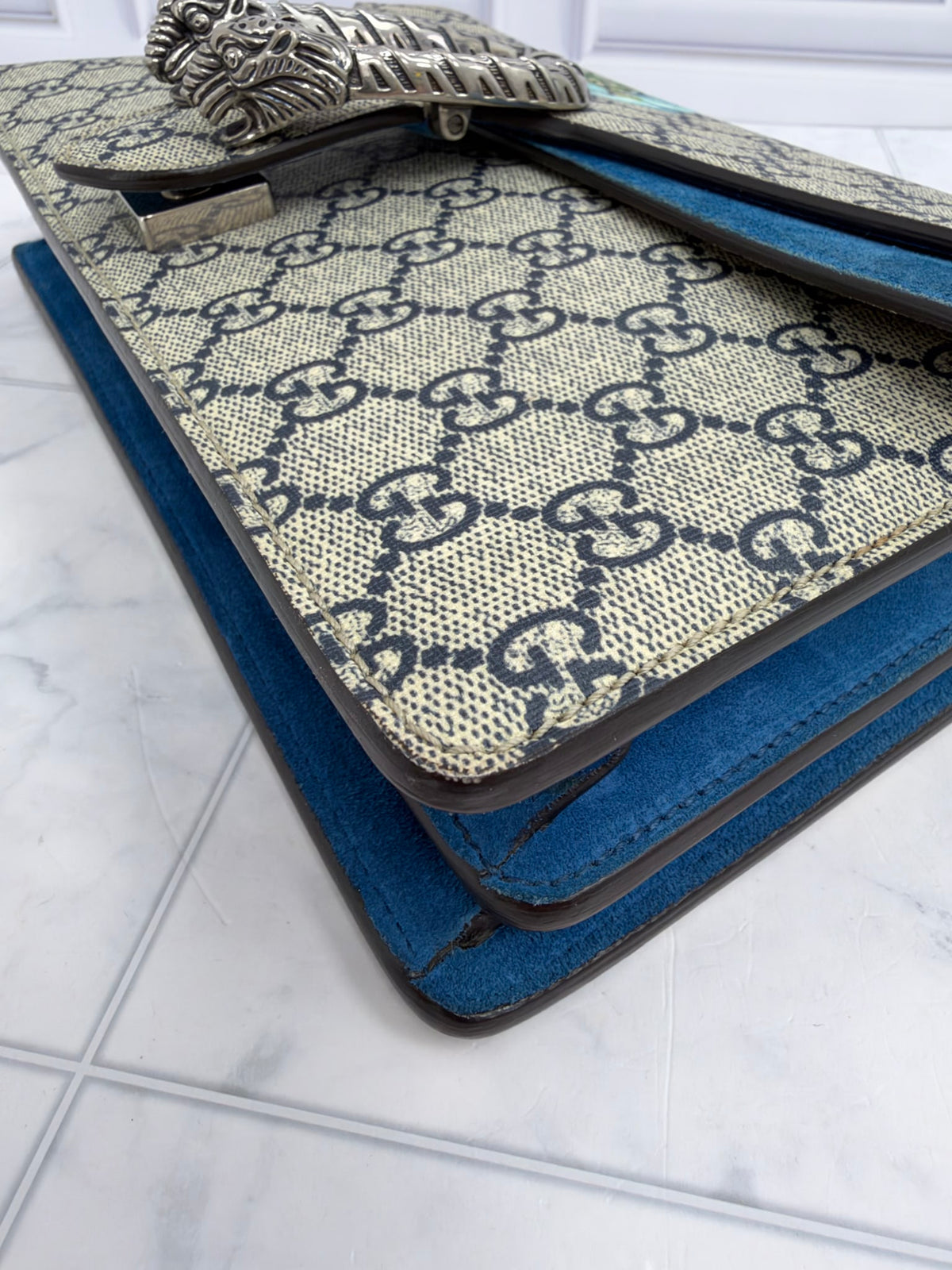 Gucci GG Supreme & Blue Suede Blooms Small Dionysus Chain Shoulder Bag
