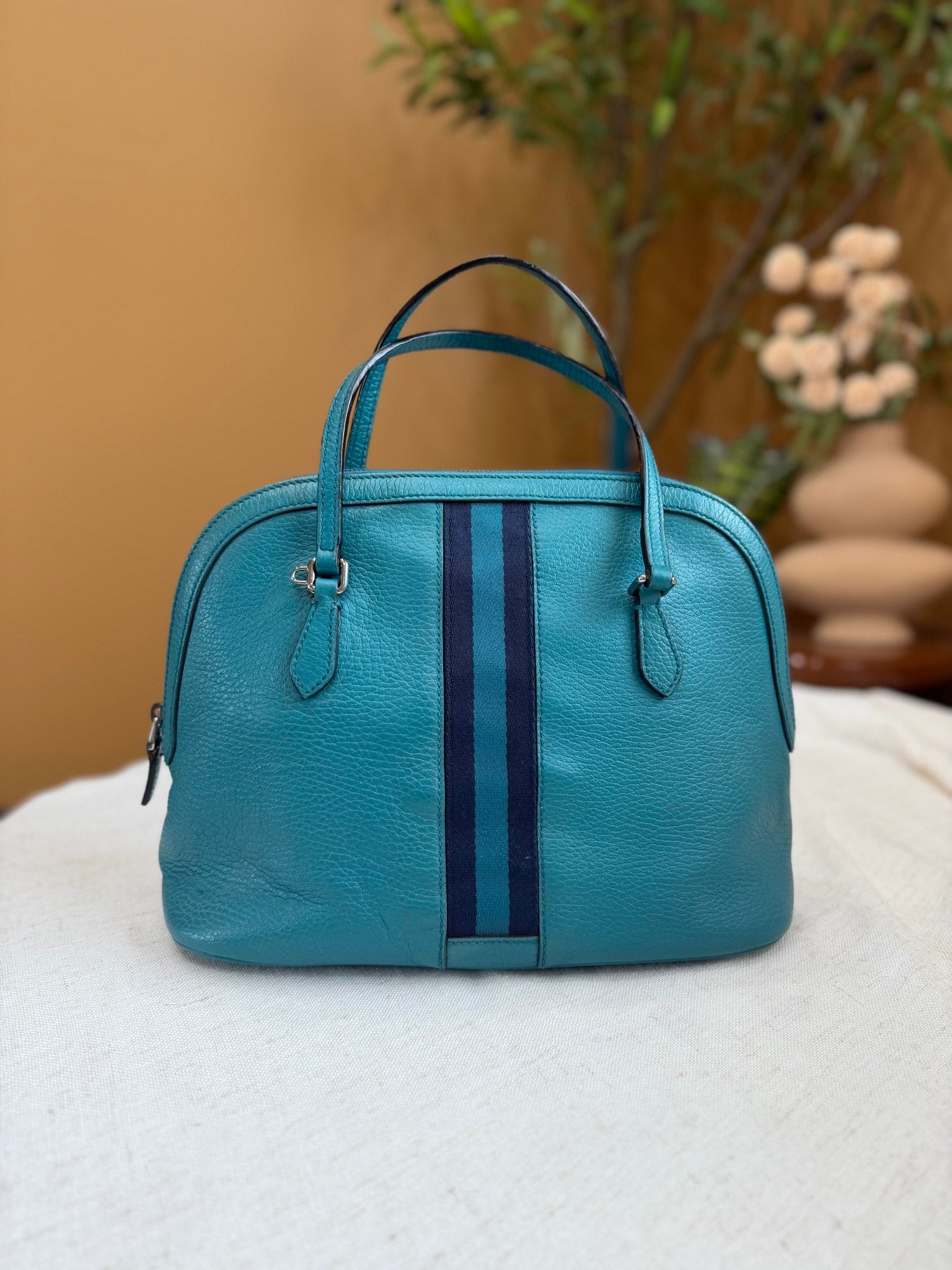 Gucci Dark Teal Leather Medium Web Dome Handbag