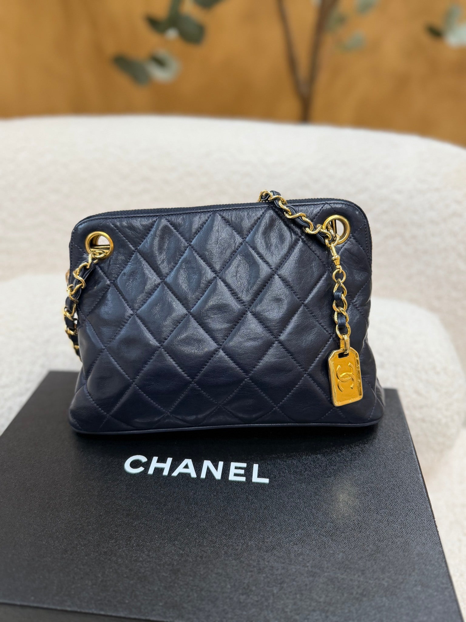 Chanel Navy Bue Quilted Lambskin Chain Shoulder Bag
