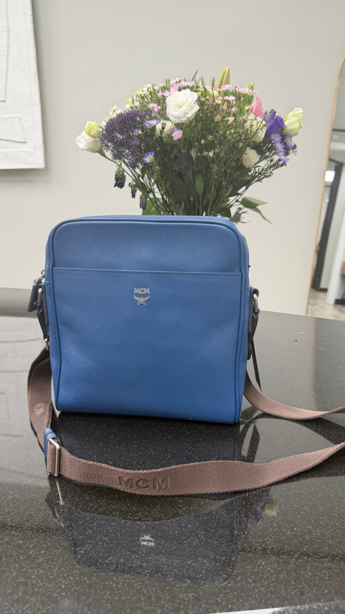 MCM Blue Leather Messenger Bag