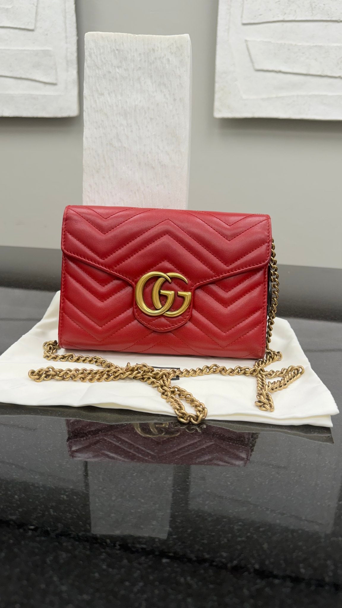 Gucci Red Leather Marmont Wallet on a Chain
