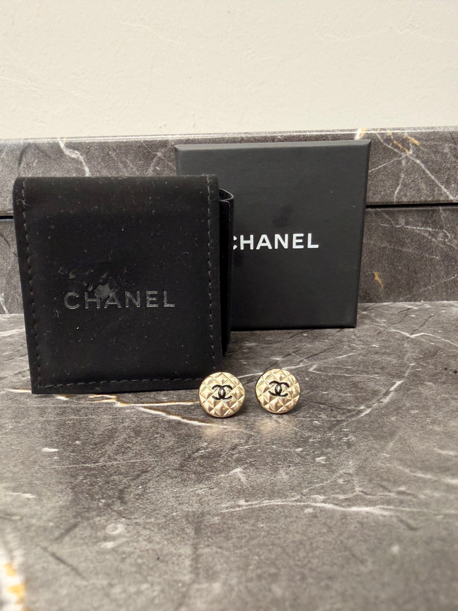Chanel Gold & Black Round Post Back Earrings