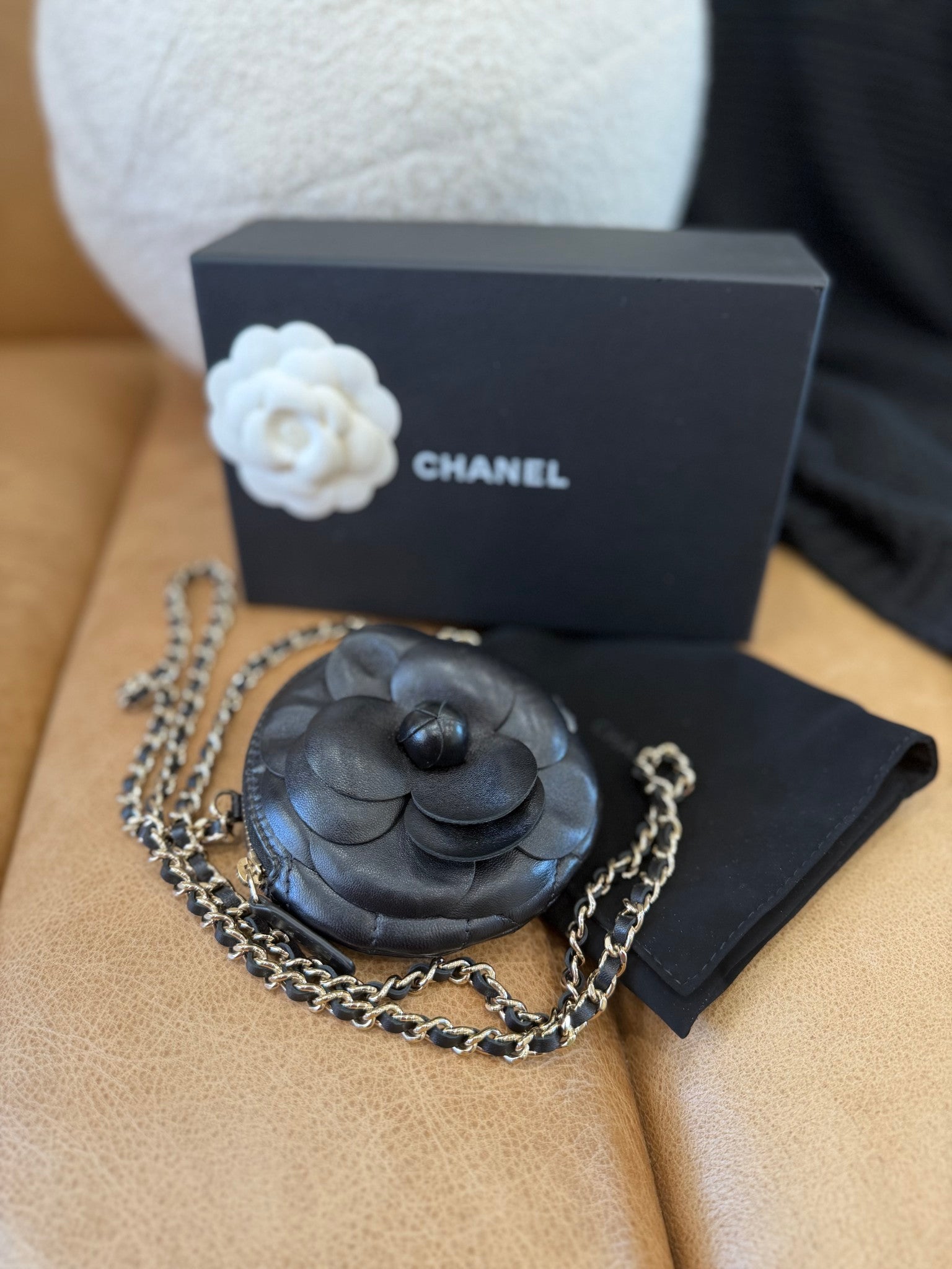 LIKE NEW- Chanel Black Lambskin Round Camellia Clutch on a Chain