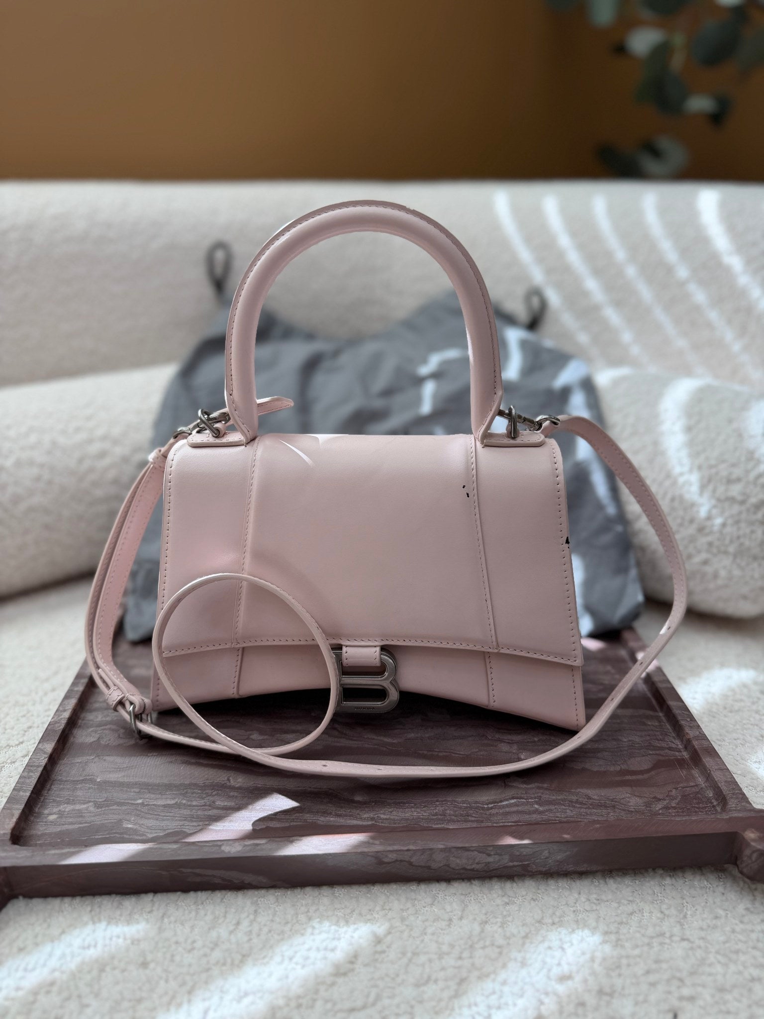 Balenciaga Light Pink Leather Small Hourglass Top Handle Bag