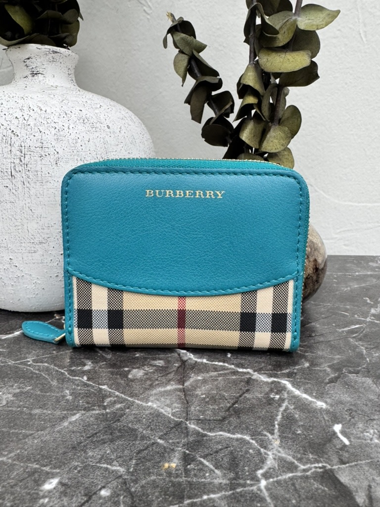 Burberry Teal House Check Canvas And Leather Compact Zippy Wallet