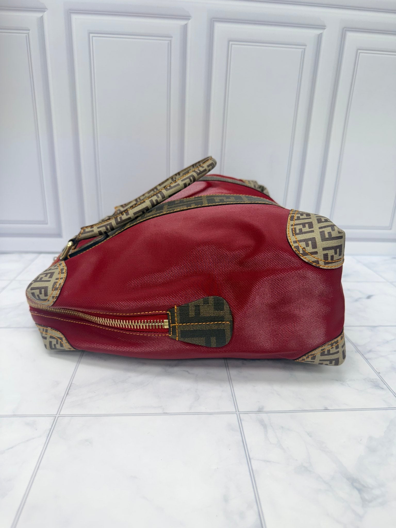 Fendi Red Coated Canvas B Tote Bag