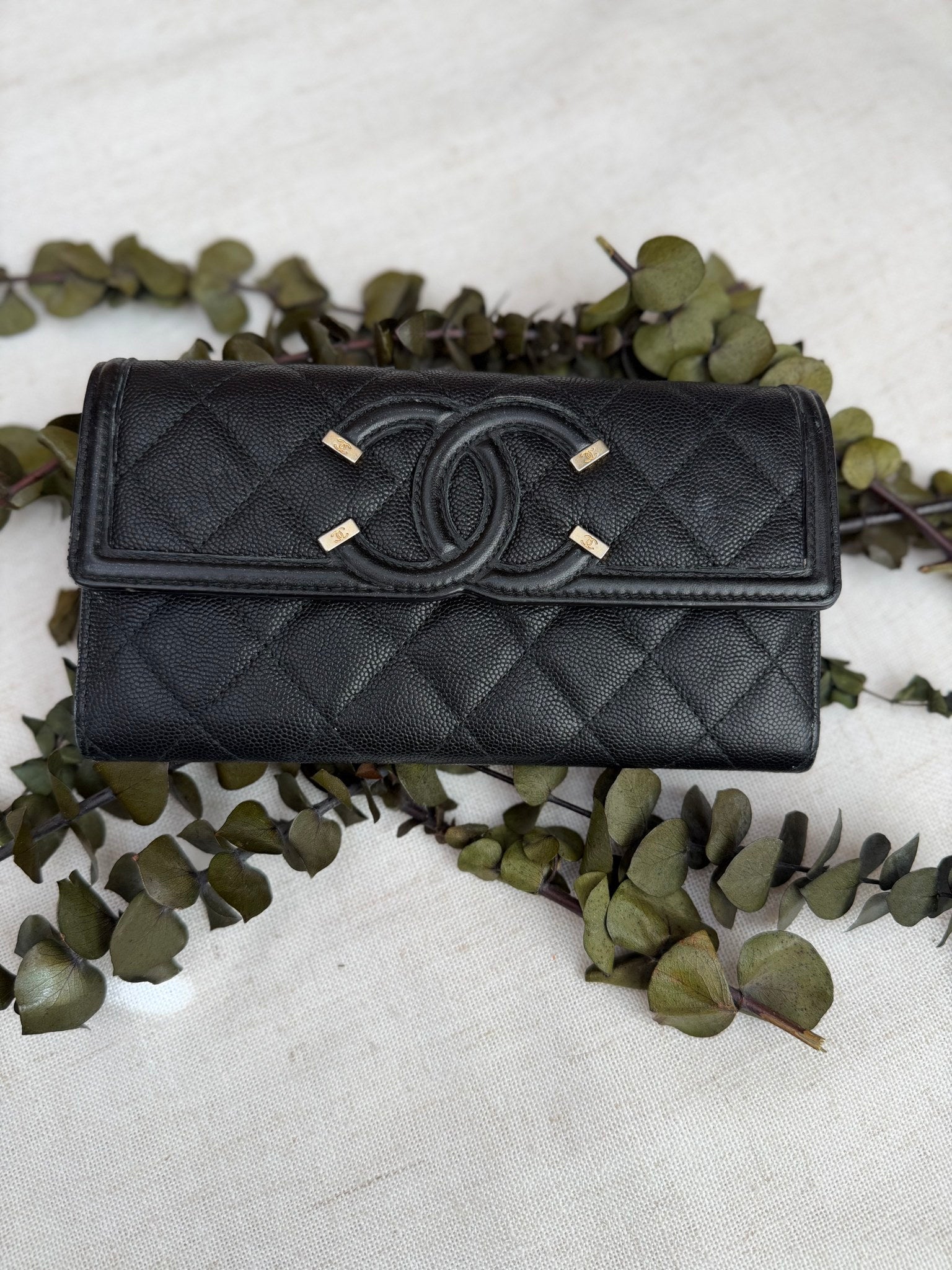 Chanel Black Caviar Leather CC Filigree Long Flap Wallet
