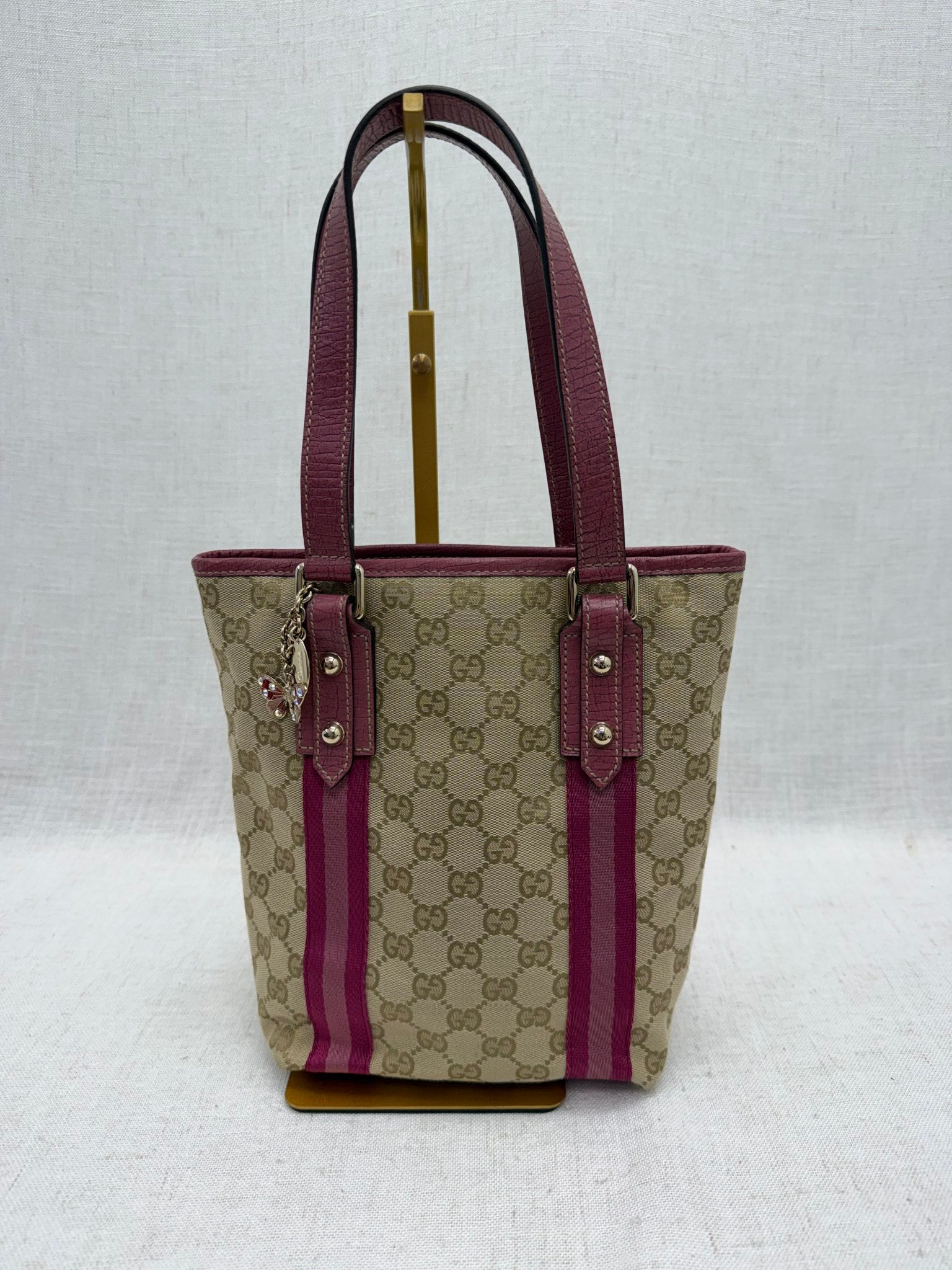 Gucci GG Canvas & Pink Web Bucket Bag