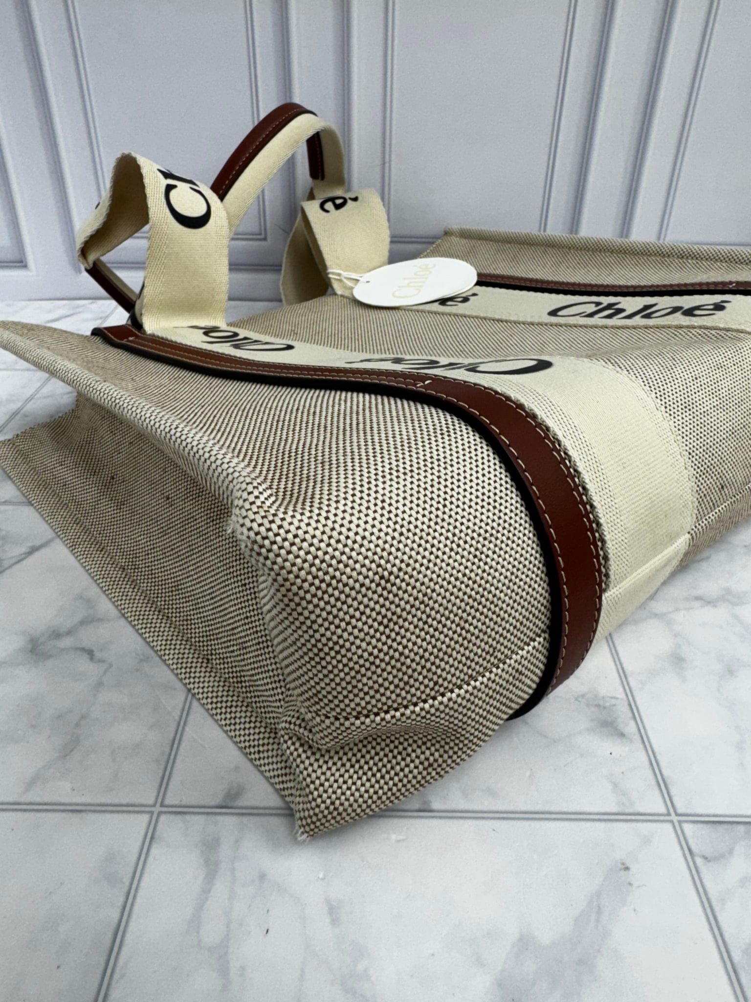 Chloe Beige Canvas Woody Medium Tote Bag