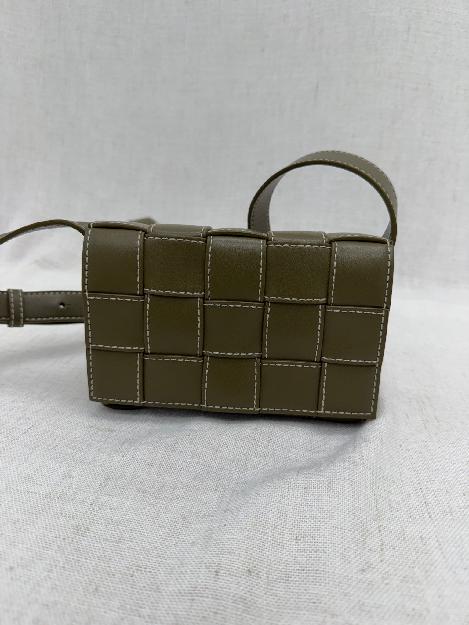 BRAND NEW- Bottega Veneta Olive Green Intracciato Leather Small Stitched Cassette Crossbody