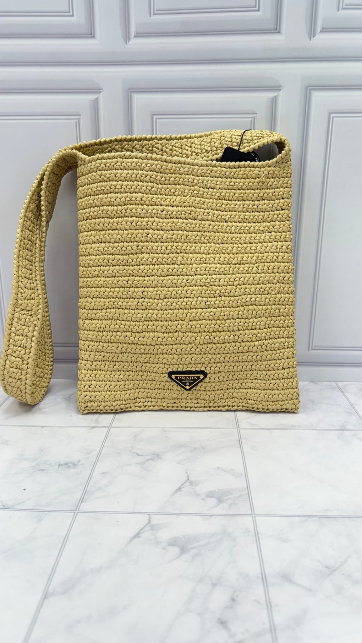 Prada Raffia Effect Crochet Shoulder Tote Bag