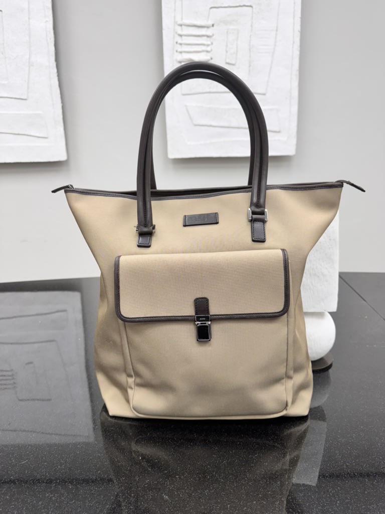 Gucci Khaki Canvas And Leather Large Tote Bag