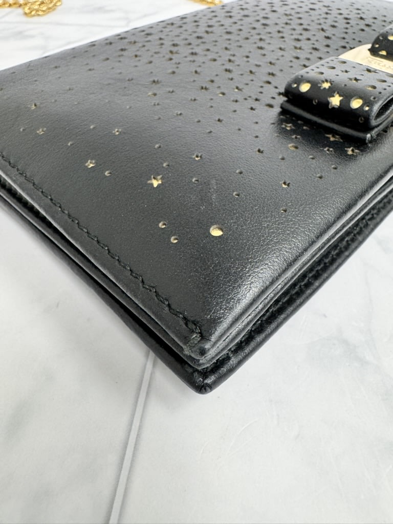 Salvatore Ferragamo Black Leather And Gold Perforated Stars Vara Wallet On A Chain