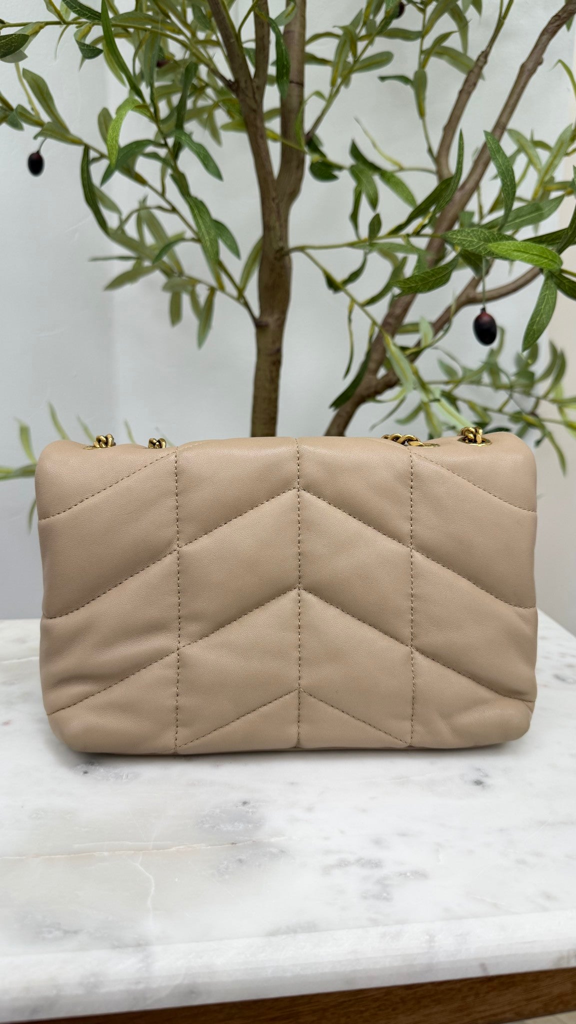 Saint Laurent YSL Beige Leather Small Lou Lou Puffer Chain Bag