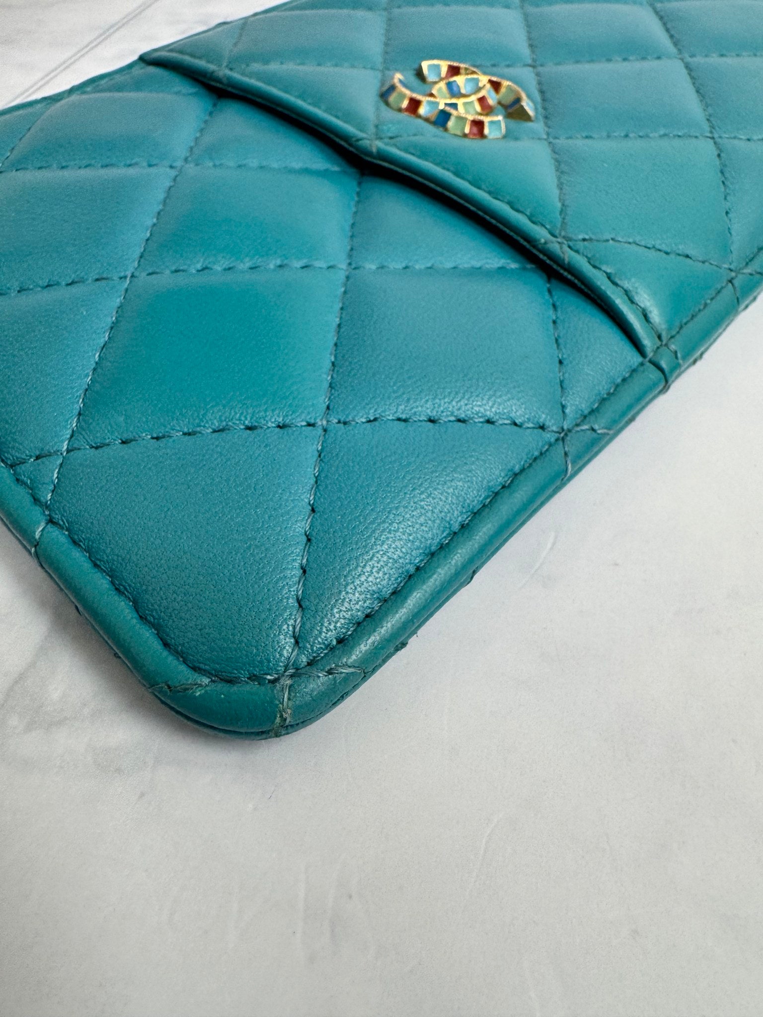 Chanel Teal Quilted Leather Phone Holder