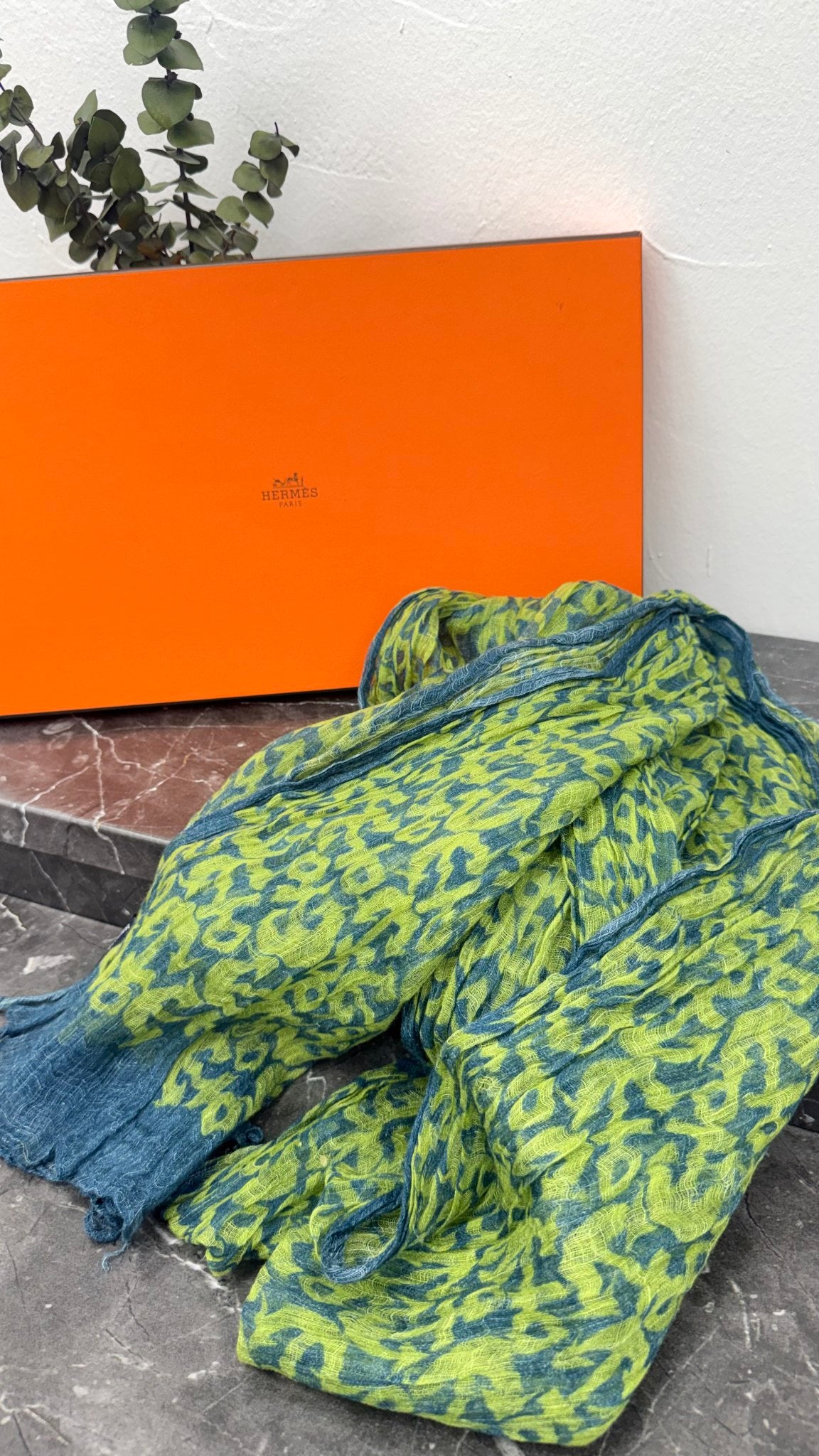 Hermes Green And Blue Linen Anchor Motif Scarf